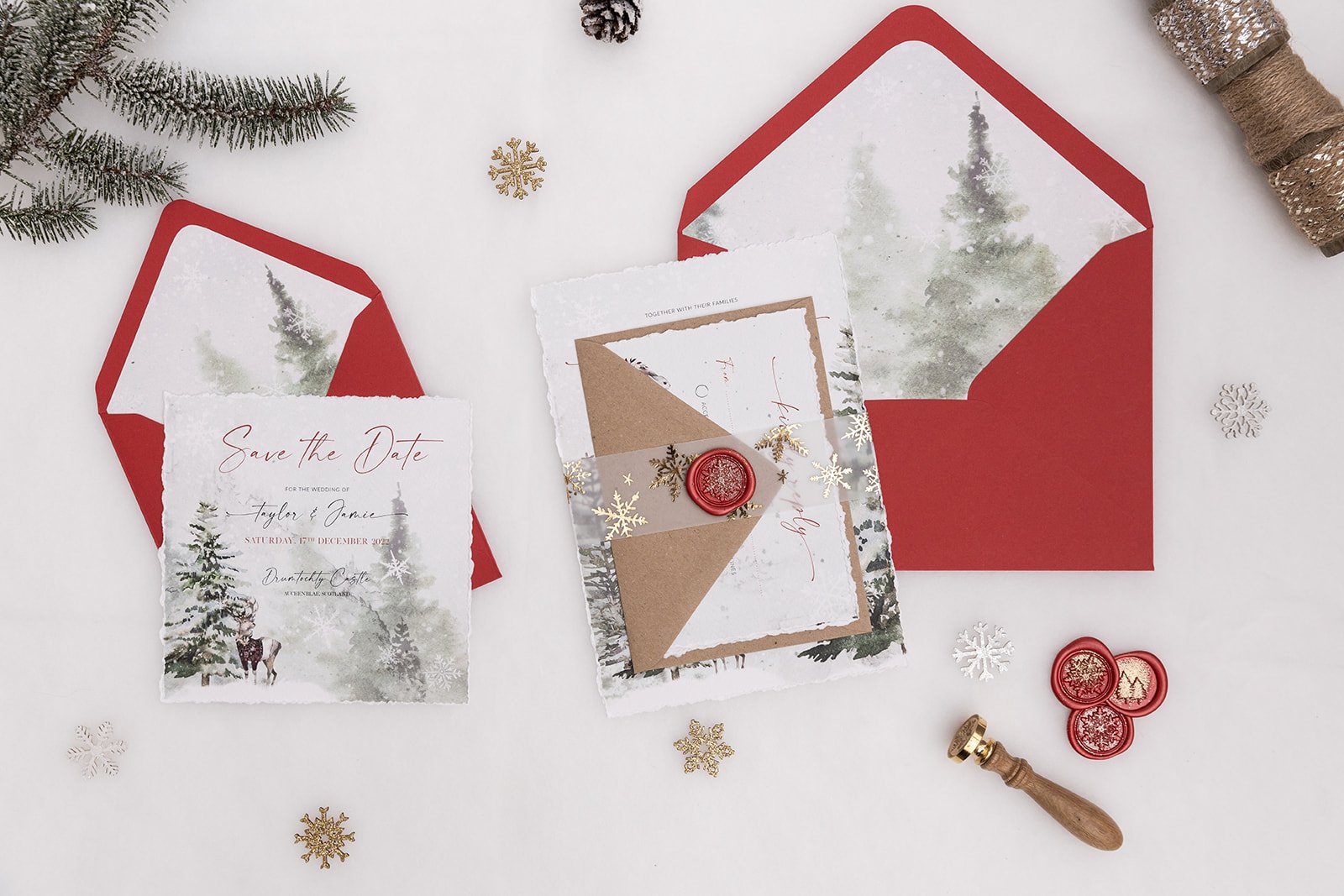 Save the Date and Day invite with lined 'Berry Red' envelopes and gold-foiled snowflakes vellum belly band with glittered 'Berry' wax seal