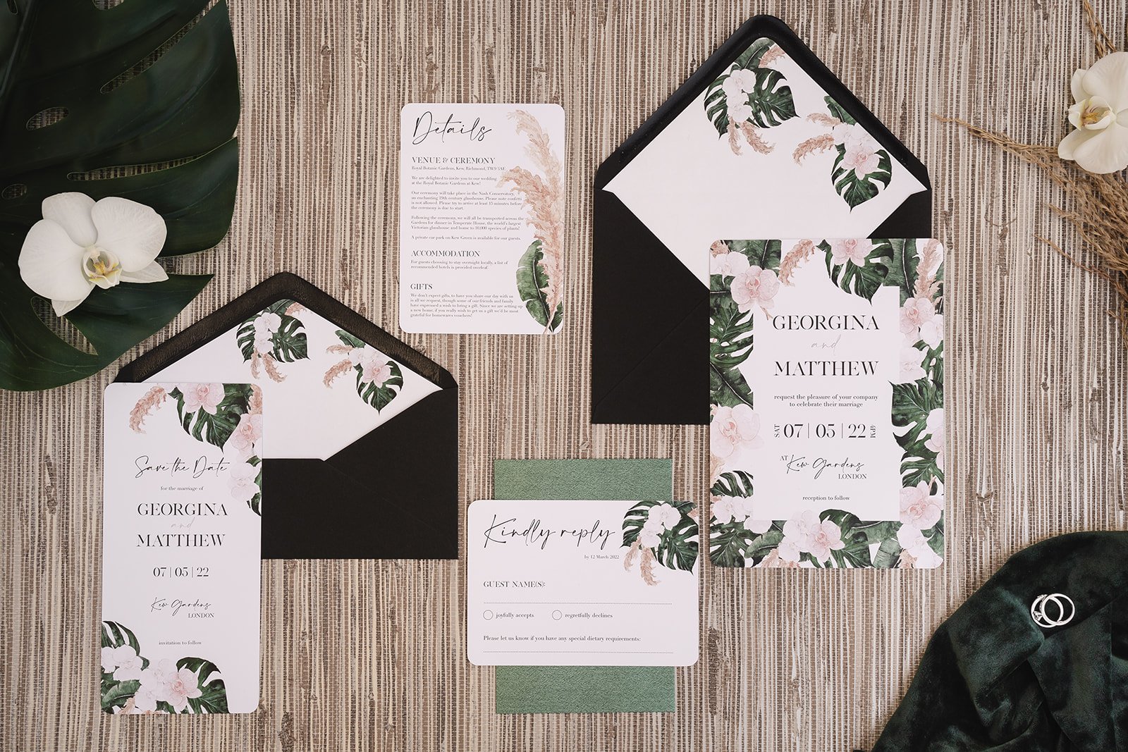 Tropical Palms collection with Rich Black envelopes and liners, and Monstera Green RSVP envelope
