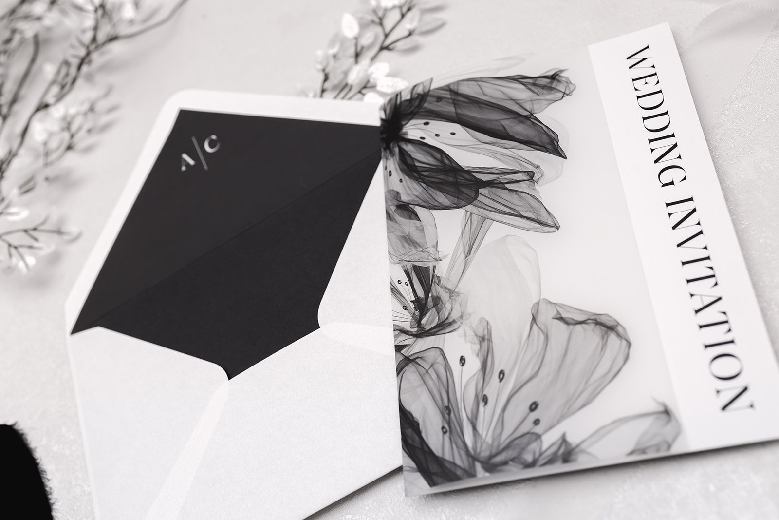 Day invite with luxury pearlescent Diamond envelope and black liner