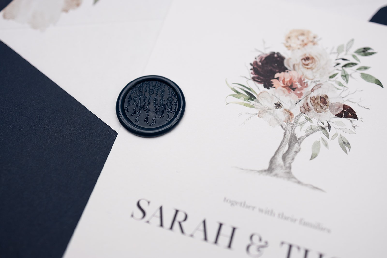 Day invite and Willow design wax seal in 'Navy'