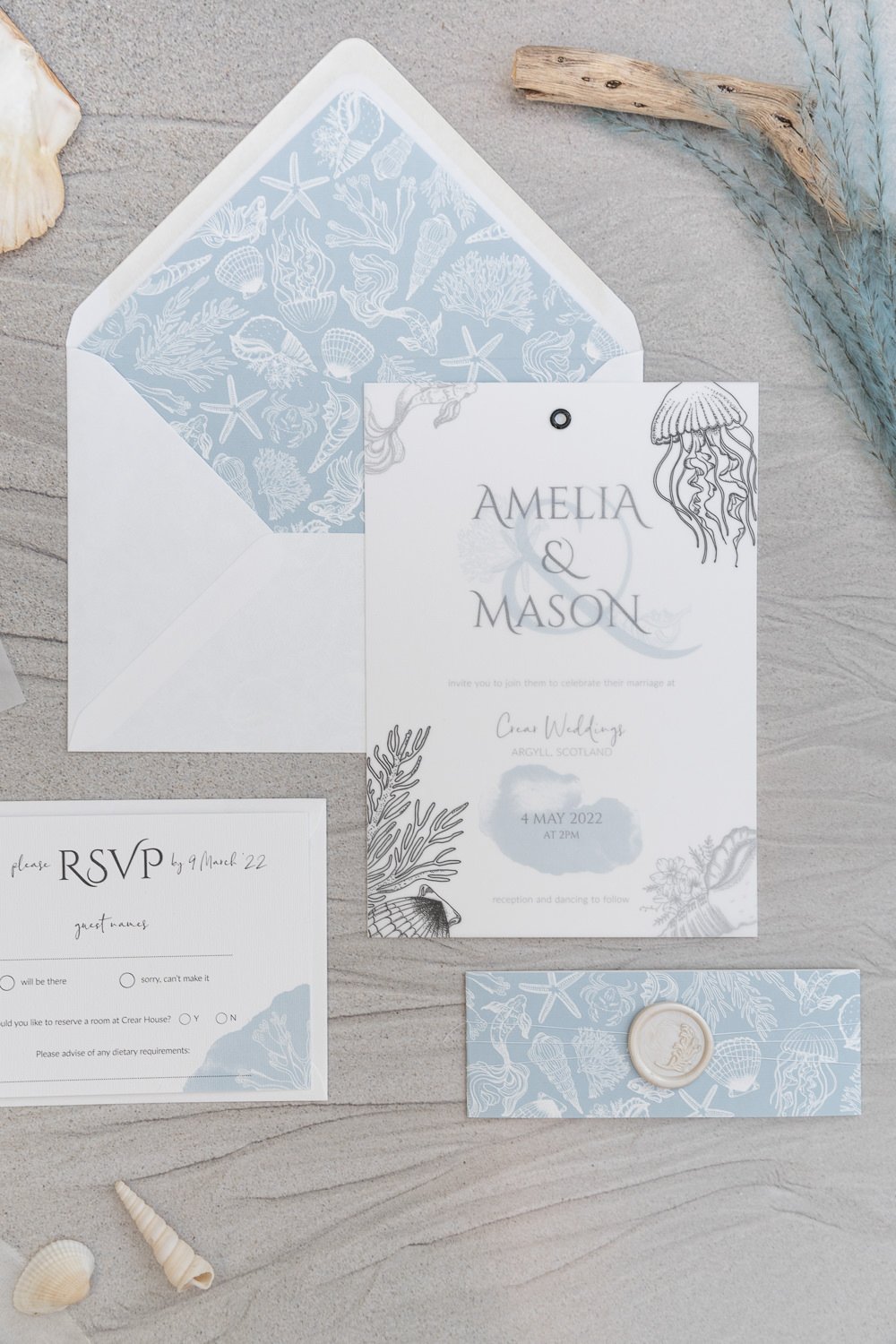 Day invite with black sea illustrations vellum overlay, and lined 'Rippled Sand' envelope