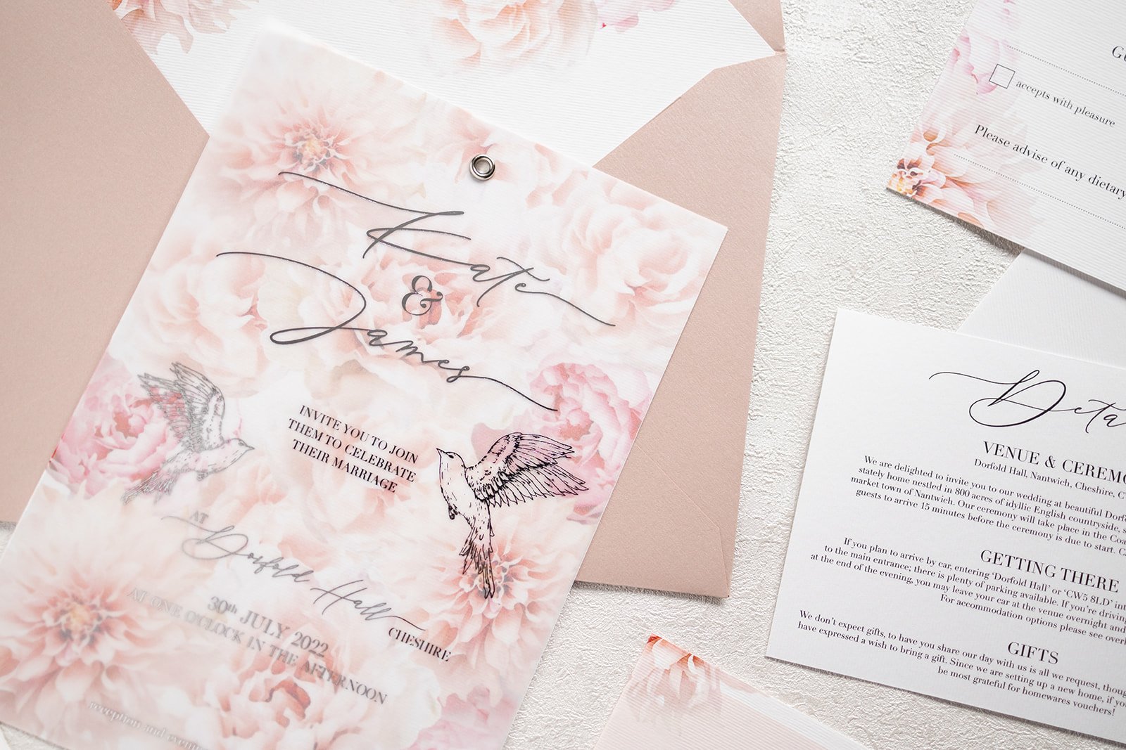 Silver-foiled Day invite and lined 'Rose Gold Shimmer' envelope
