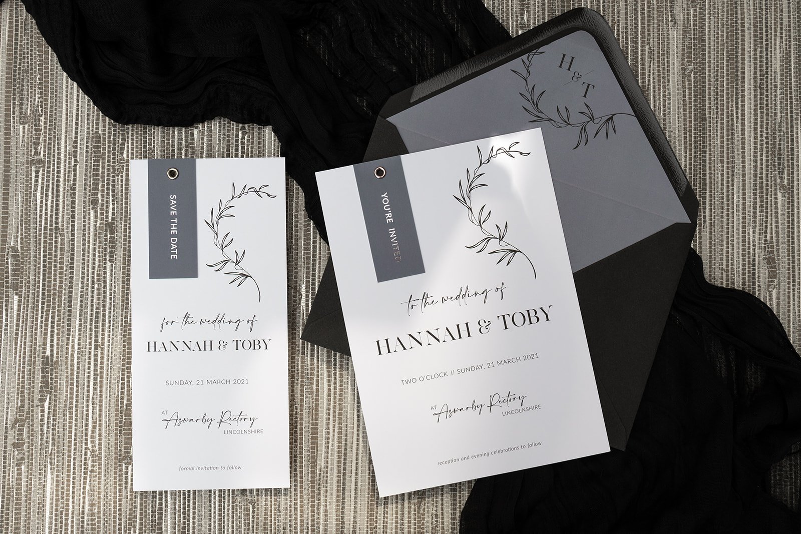 Minimalist Luxe collection in 'Slate', with silver-foiled tags, and Rich Black envelope.