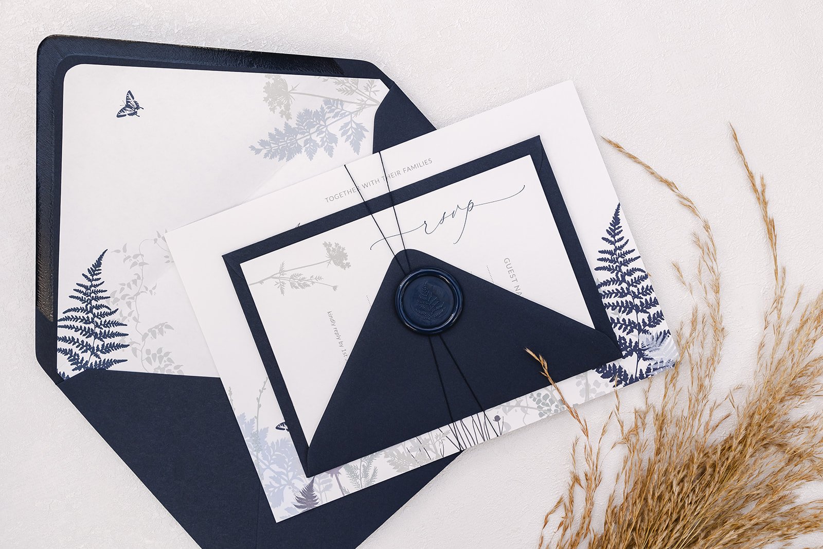 Day invite and RSVP card and envelope, with lined Classic Navy envelope and wax seal in 'Navy'