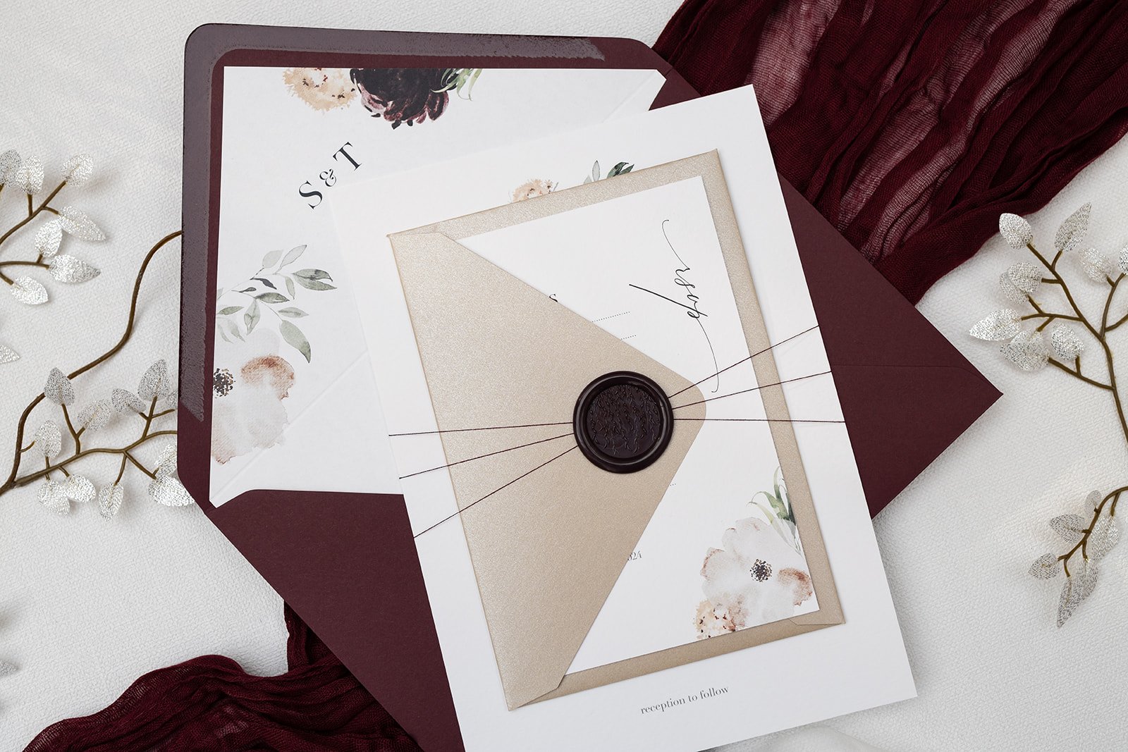 Day invite and RSVP with lined 'Claret' envelope and Willow design wax seal in 'Claret'