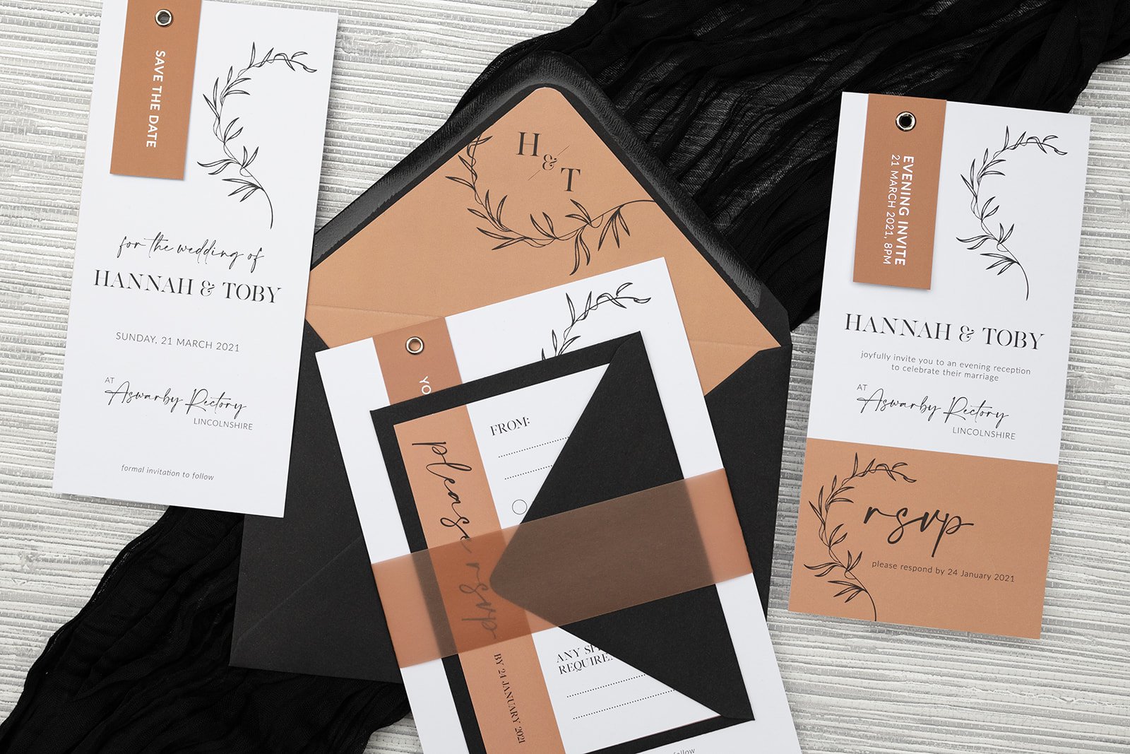 Minimalist Luxe collection in 'Terracotta', with silver-foiled tags, wrapped with matching vellum belly band.