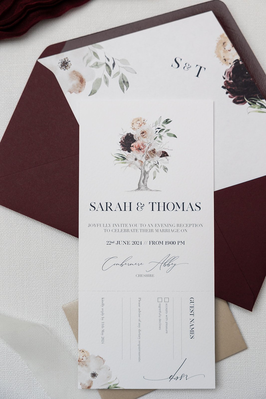 Evening invite with perforated tear-off RSVP section, with lined 'Claret' envelope