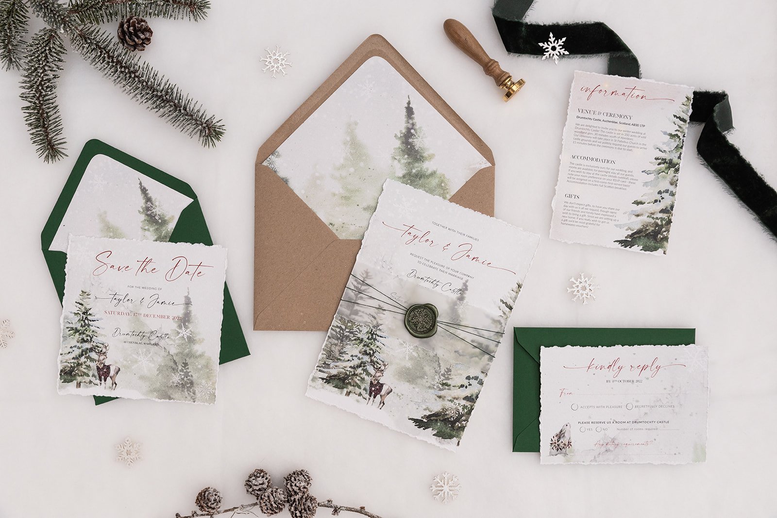Winter Frost collection with mix-and-match envelopes and wax seal in 'Dark Forest'