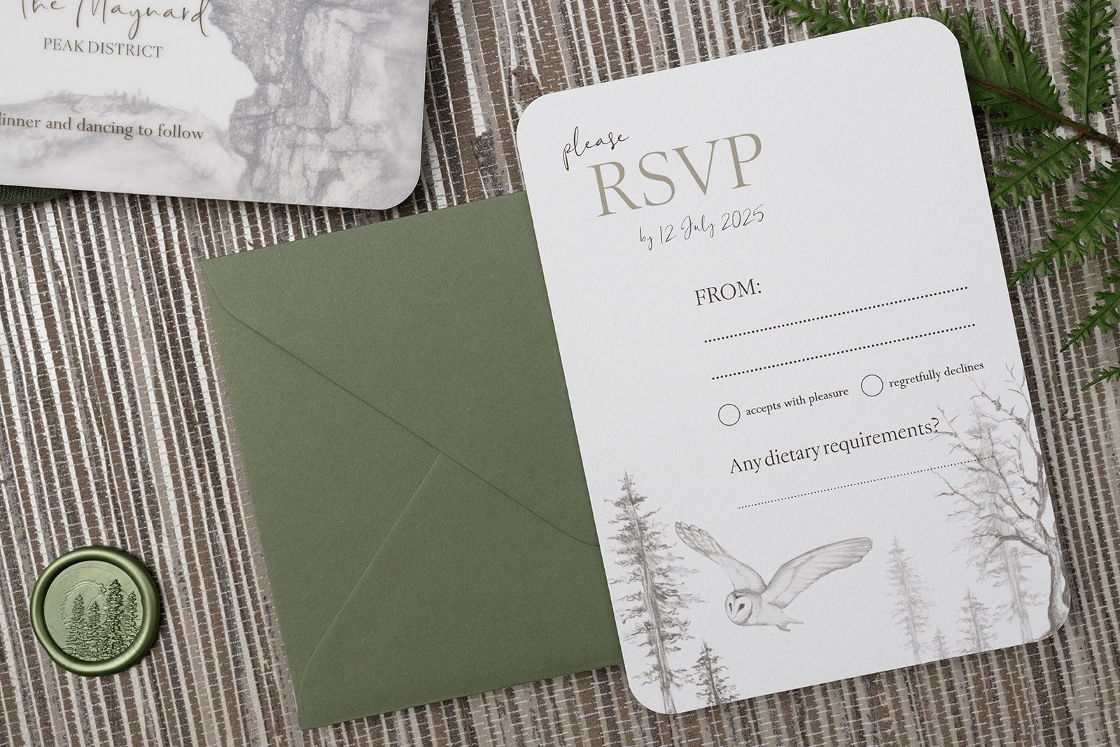 Majestic Peak RSVP card with 'Woodland Fern' RSVP envelope.