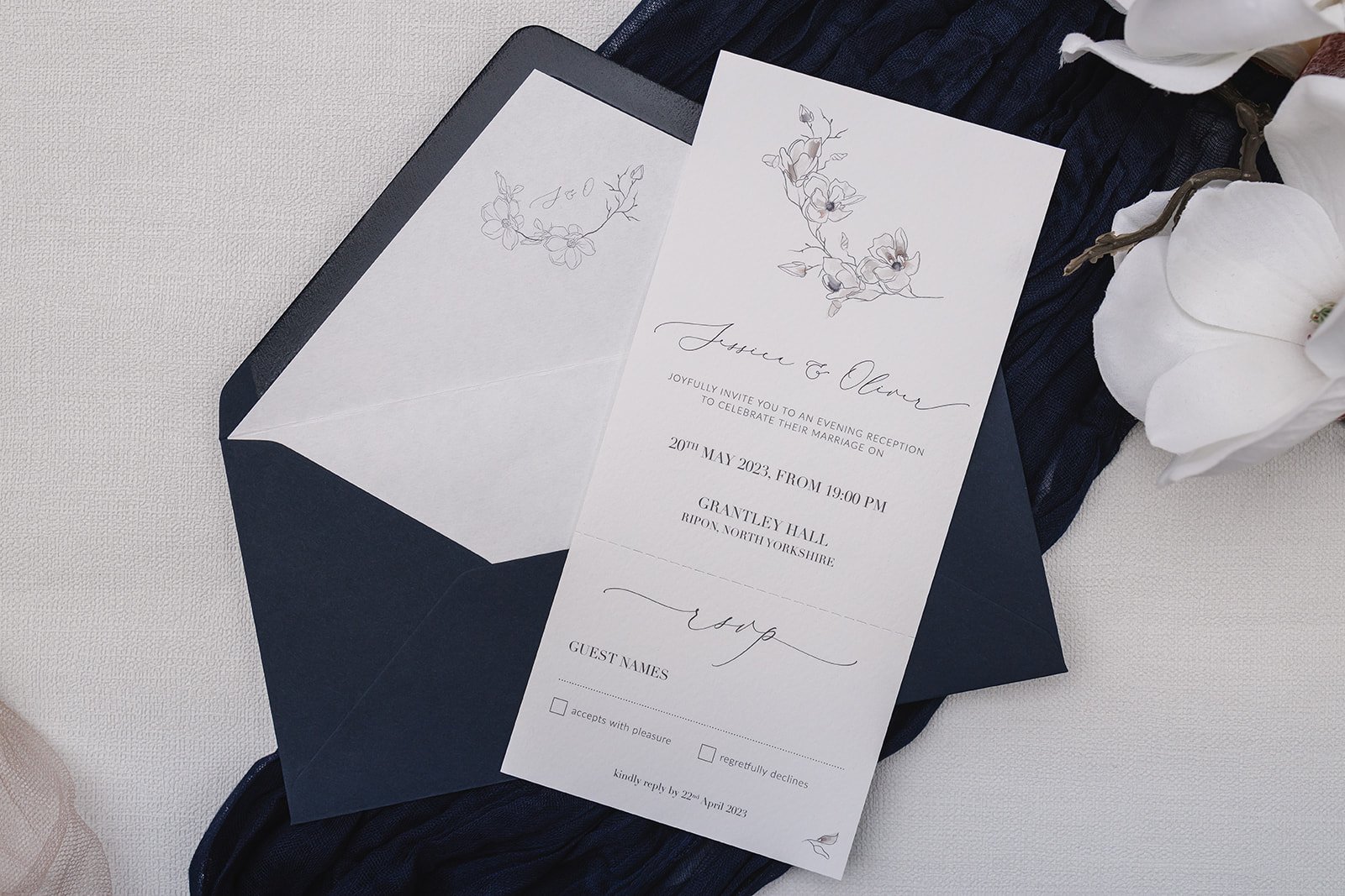Evening invite with perforated tear-off RSVP section, and Classic Navy envelope with white liner