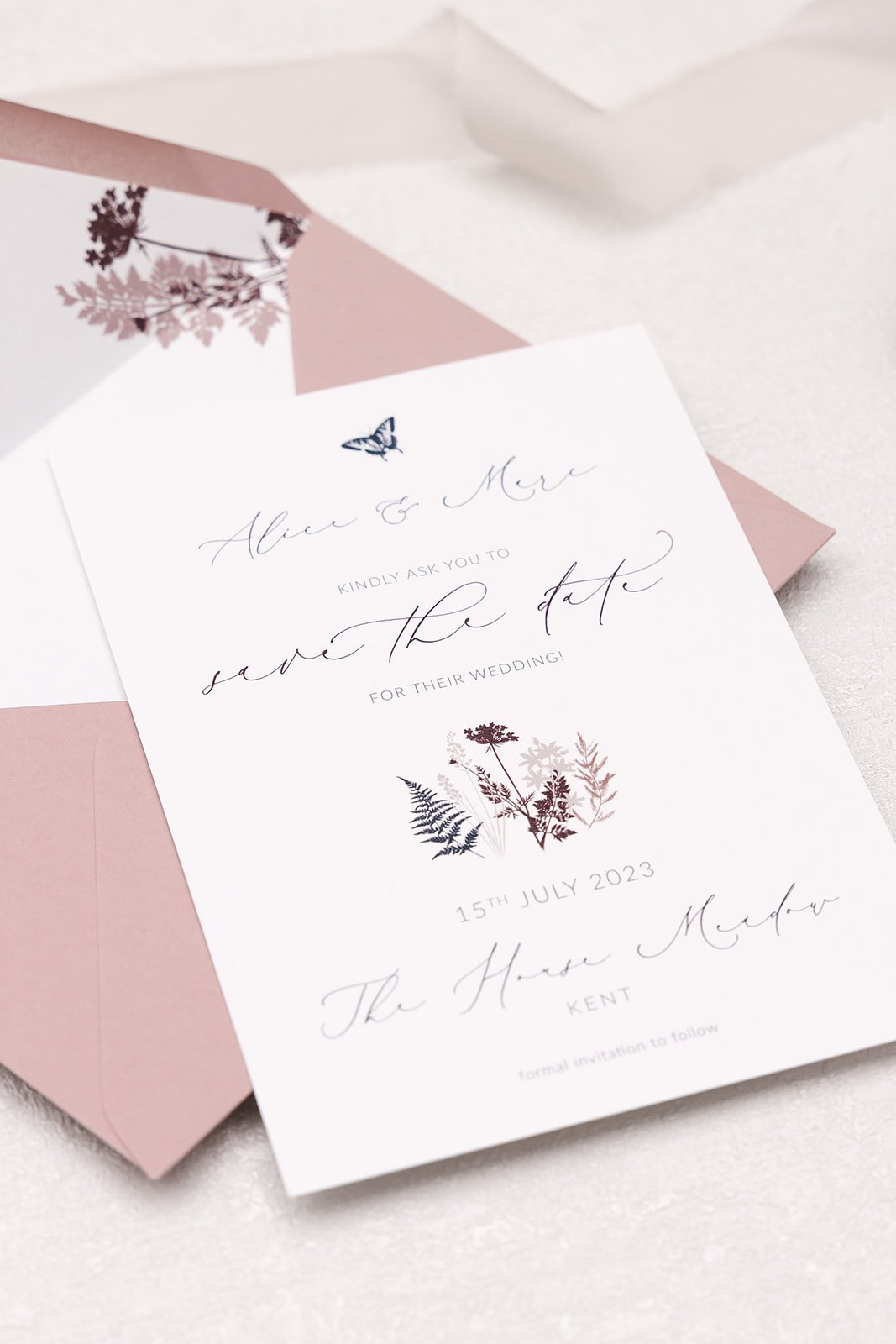 Rustica Meadow Save the Date with lined 'Pink Mallow' envelope