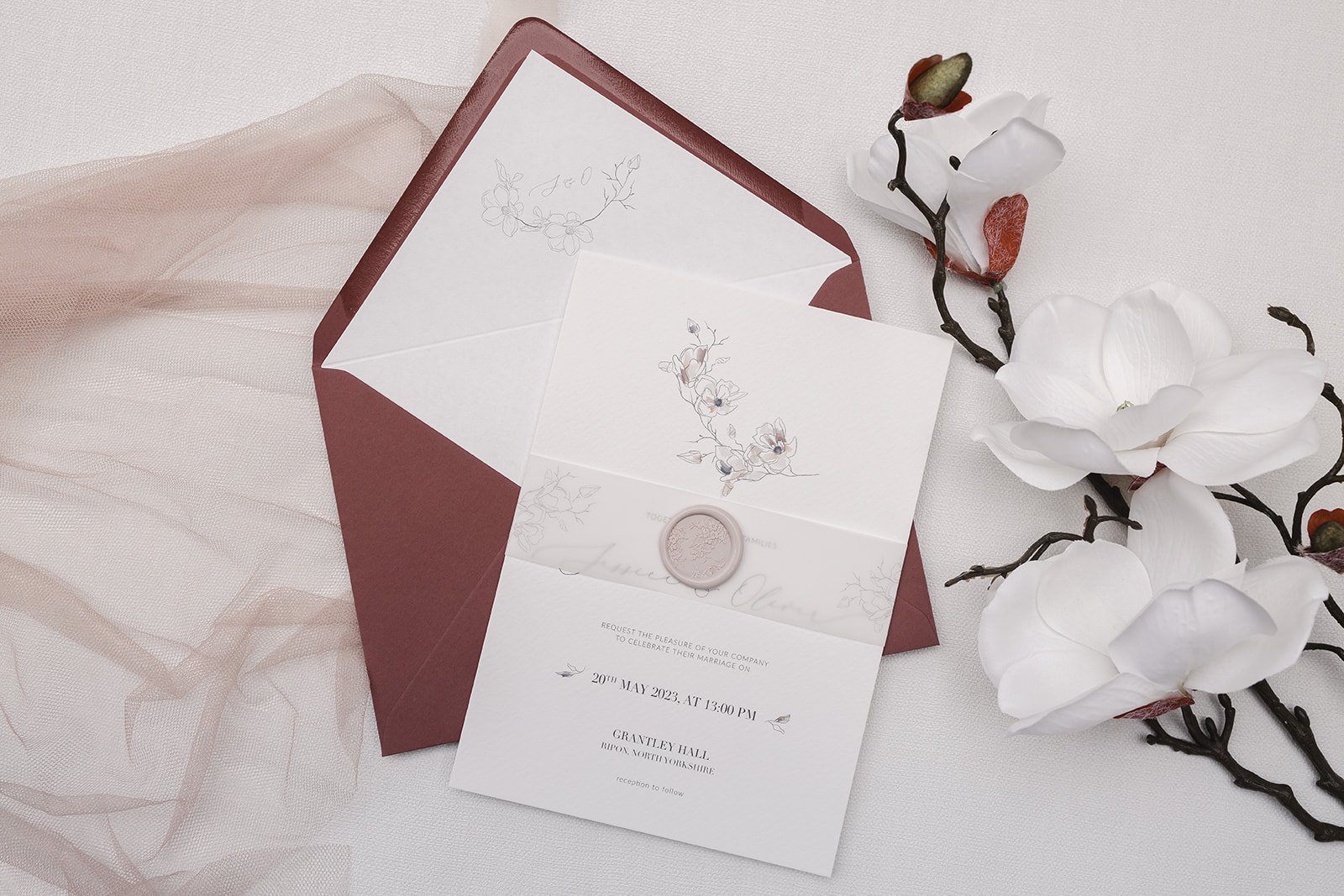 Day invite with Rosebud envelope and white liner, with vellum belly band and Bouquet design wax seal in 'Linen'