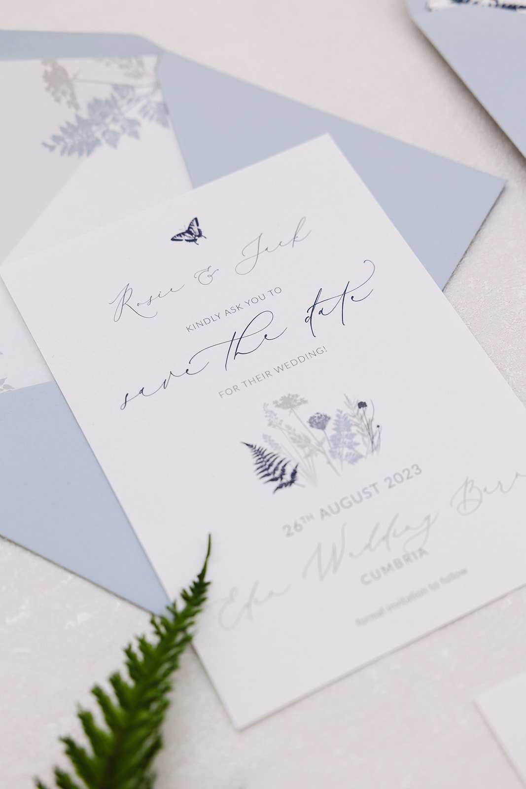 Summer Meadow Save the Date with 'Forget-me-Not' colour envelope