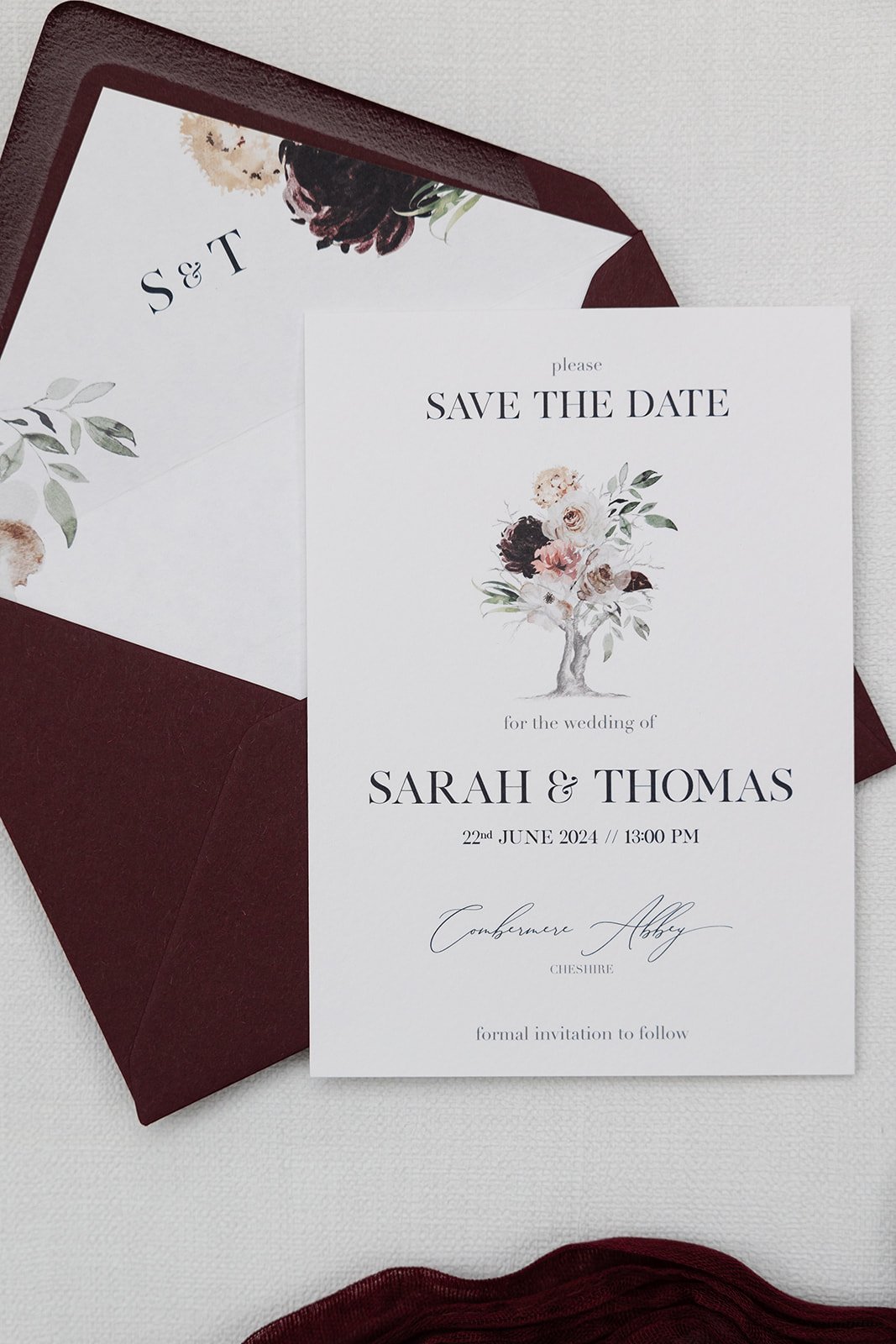 Splendour Save the Date with lined 'Claret' envelope