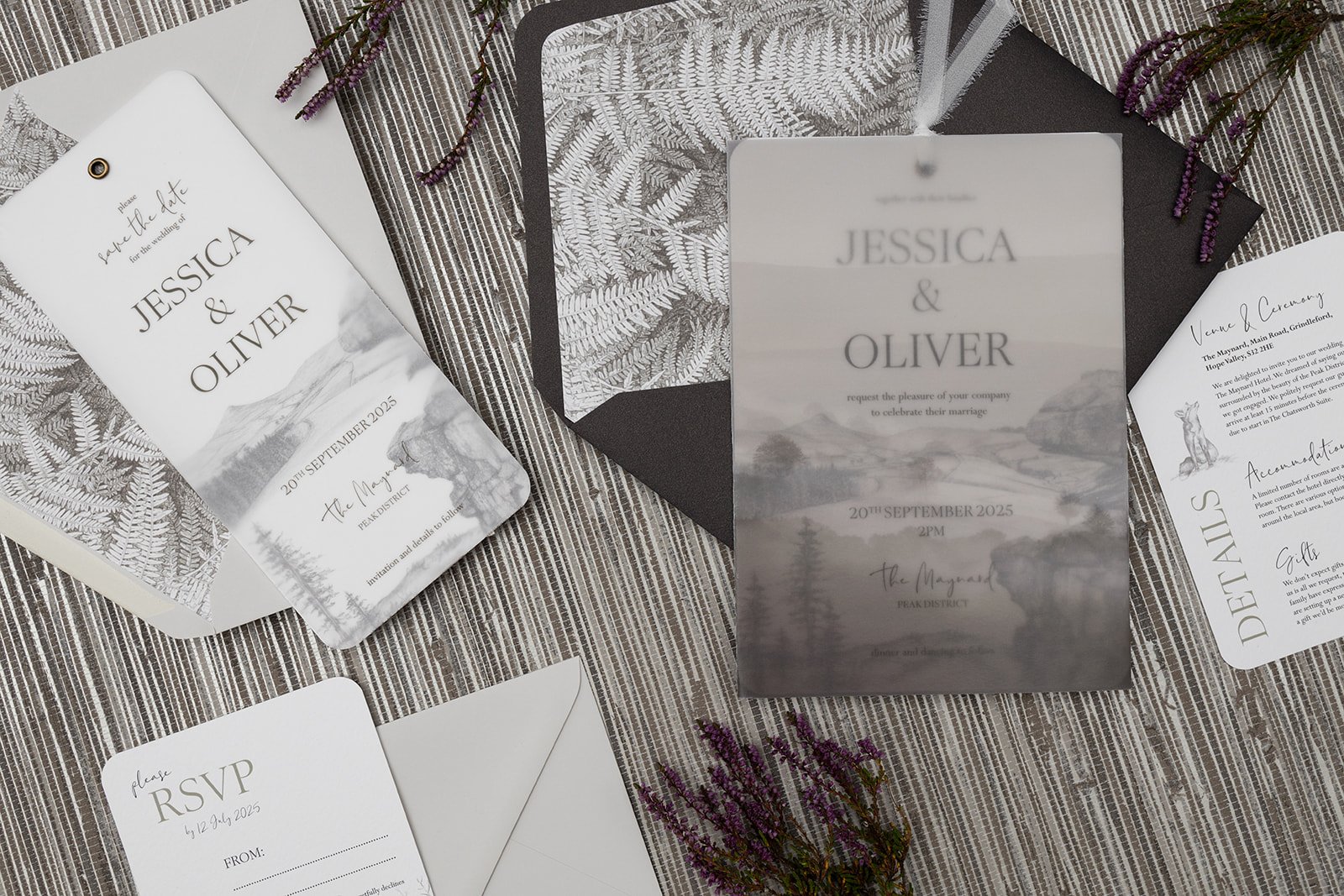 Majestic Peak wedding stationery collection with mix and match envelopes in 'Limestone' and 'Bronzed Peat', with bronze fern liners. Day invite with landscape vellum pocket in 'Bronze Sepia'.