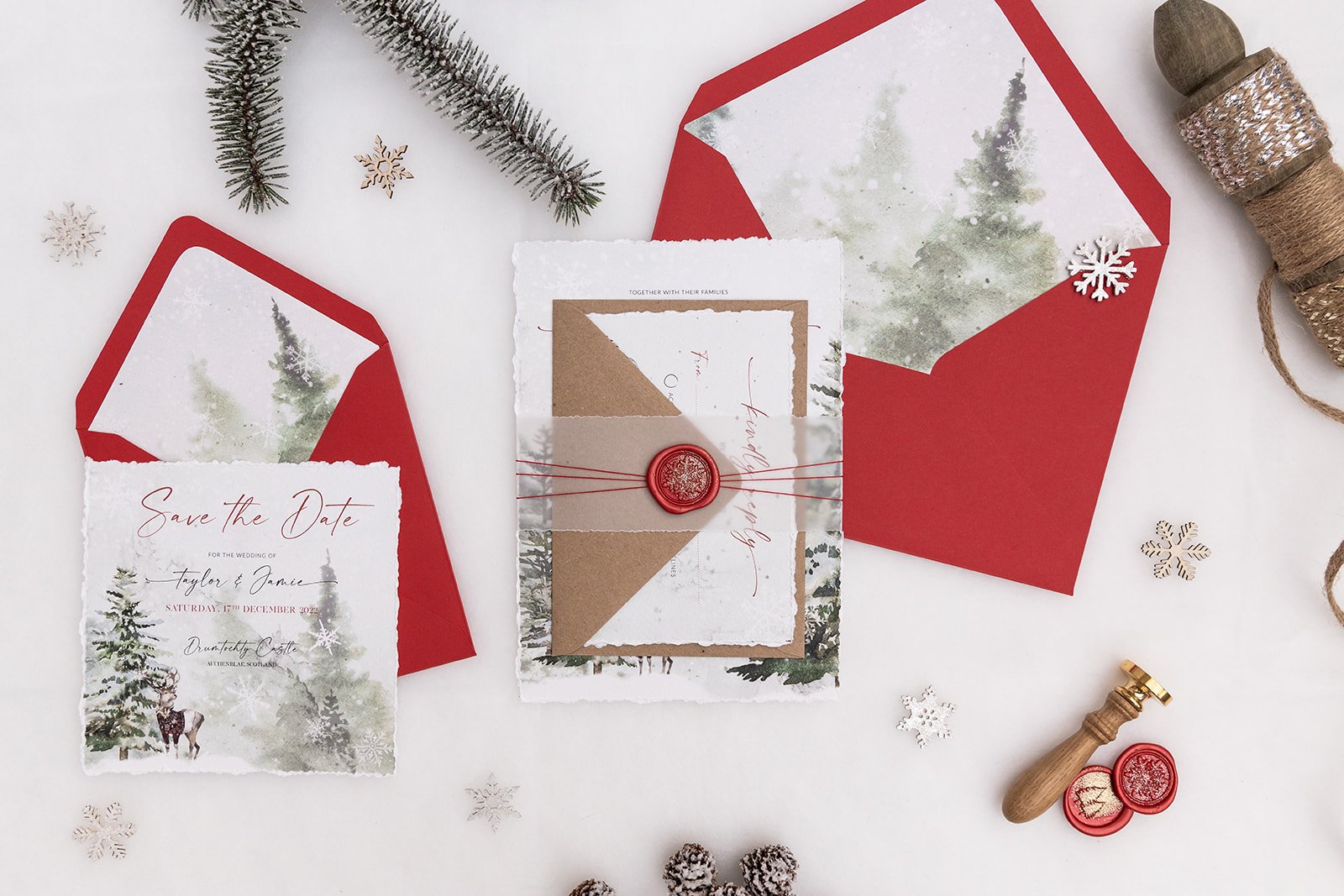 Save the Date and Day invite bound with plain deckle-edge vellum belly band and glittered wax seal in 'Berry'