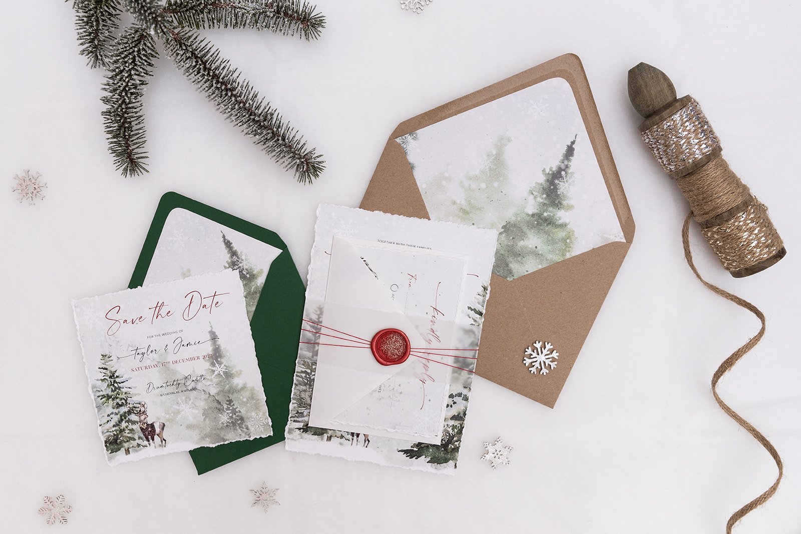 Save the Date and Day invite bound with plain deckle-edge vellum belly band and glittered wax seal in 'Berry'