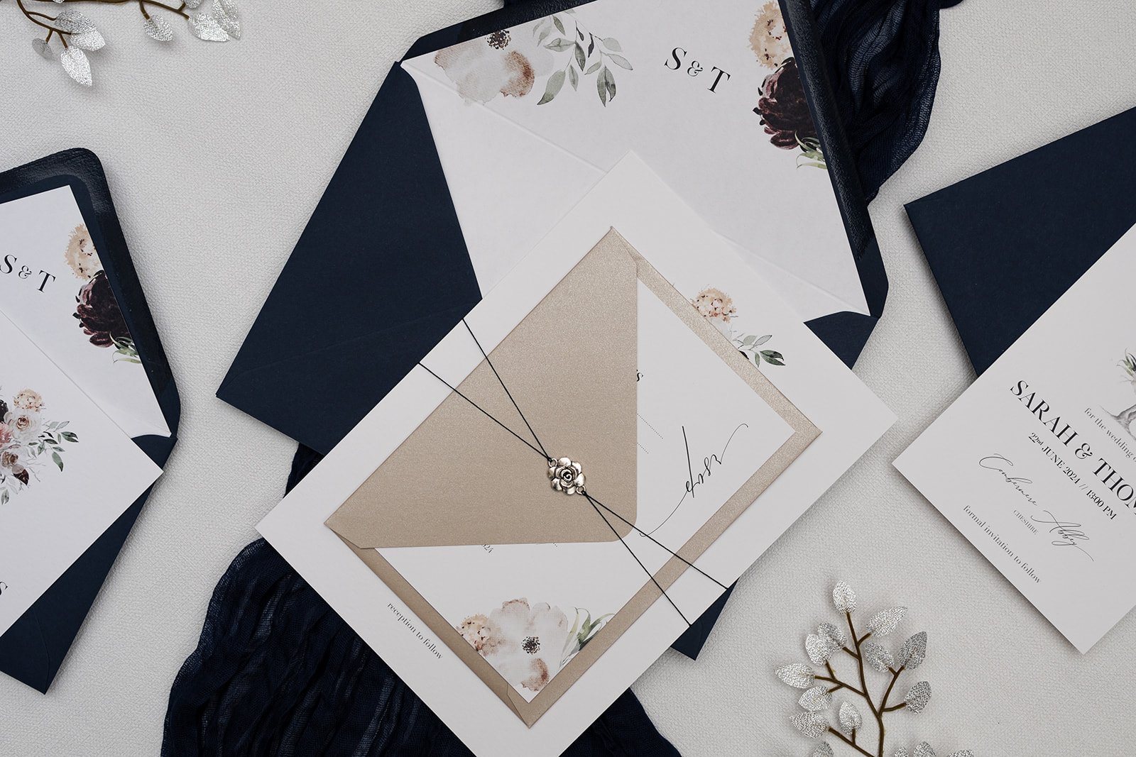 Splendour Charmed Invite™ with lined 'Classic Navy' envelopes and RSVP envelope in 'Sheen'