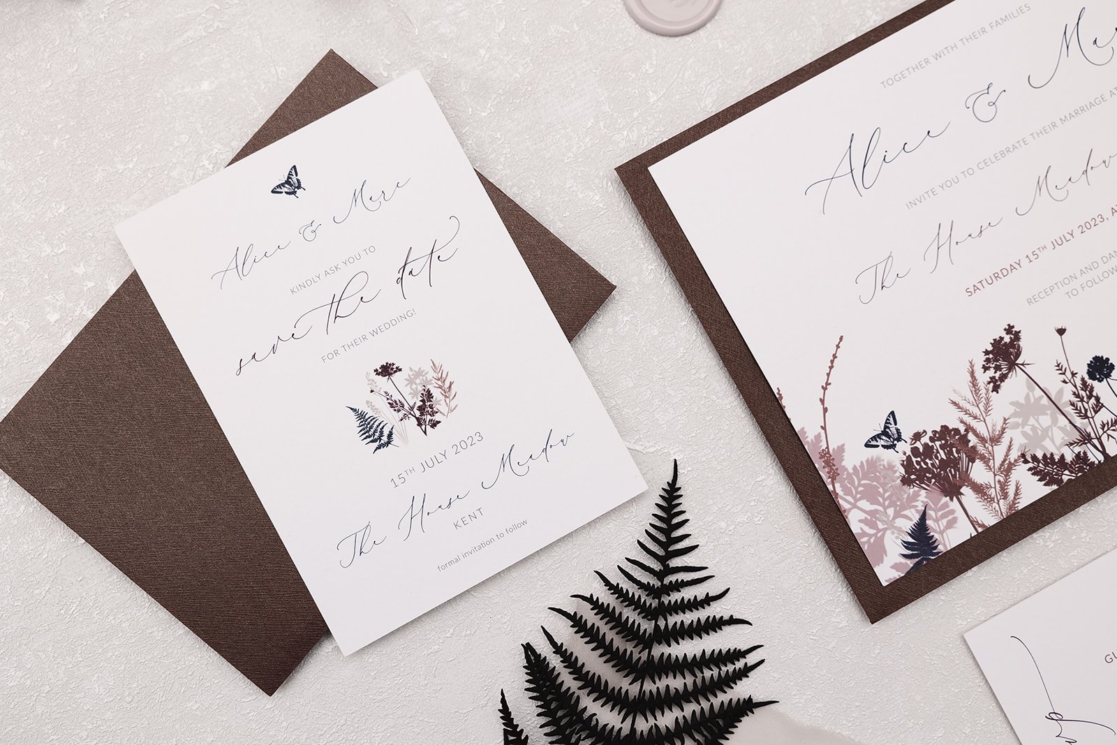 Rustica Meadow Save the Date and Day invite with 'Wild Rust' envelopes