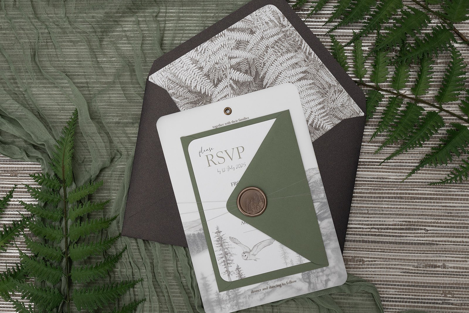 Day invite and RSVP bound with 'Forest' wax seal in 'Moorland'. With 'Woodland Fern' RSVP envelope and 'Bronzed Peat' day invite envelope.