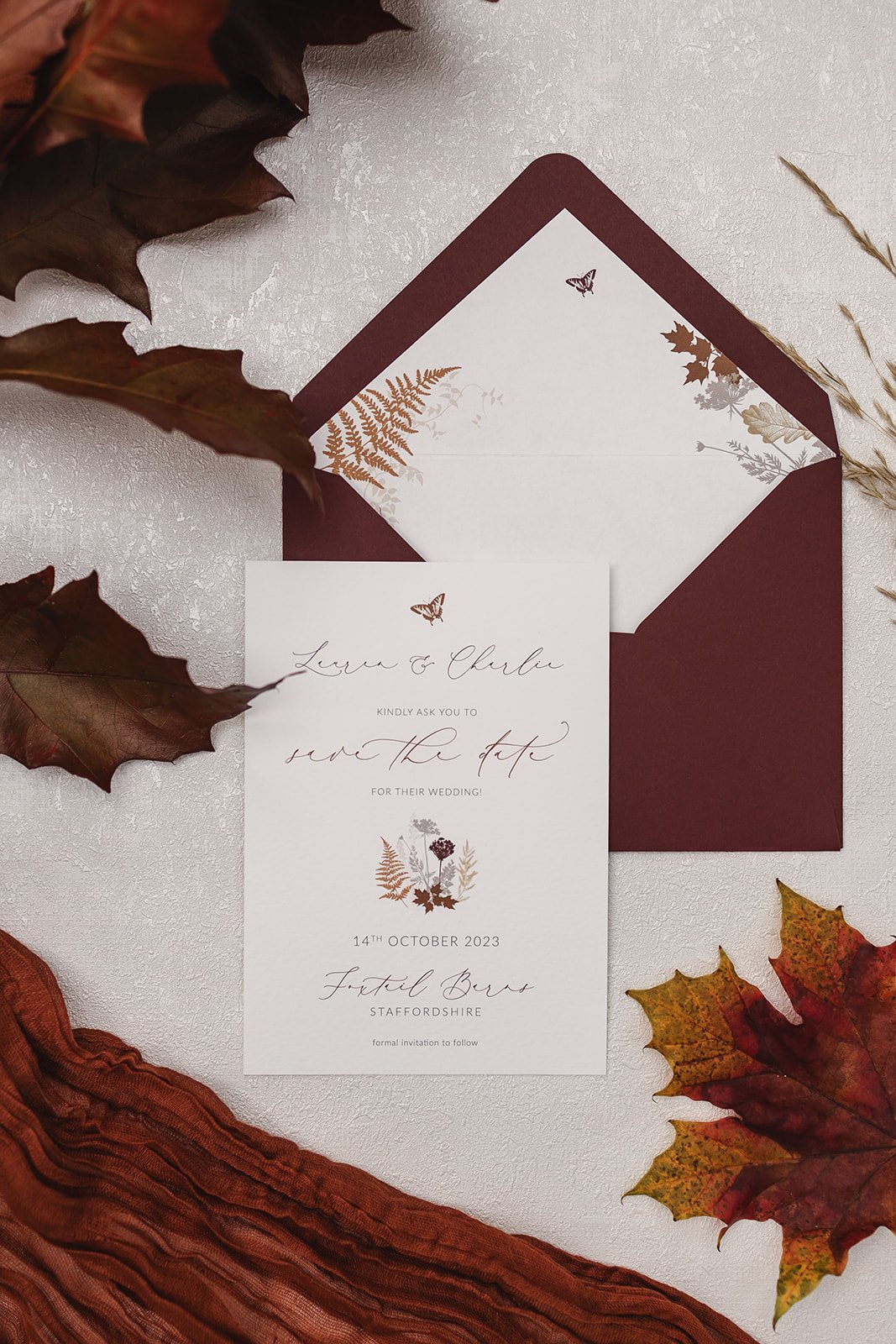 Autumn Meadow Save the Date and lined 'Russet' envelope
