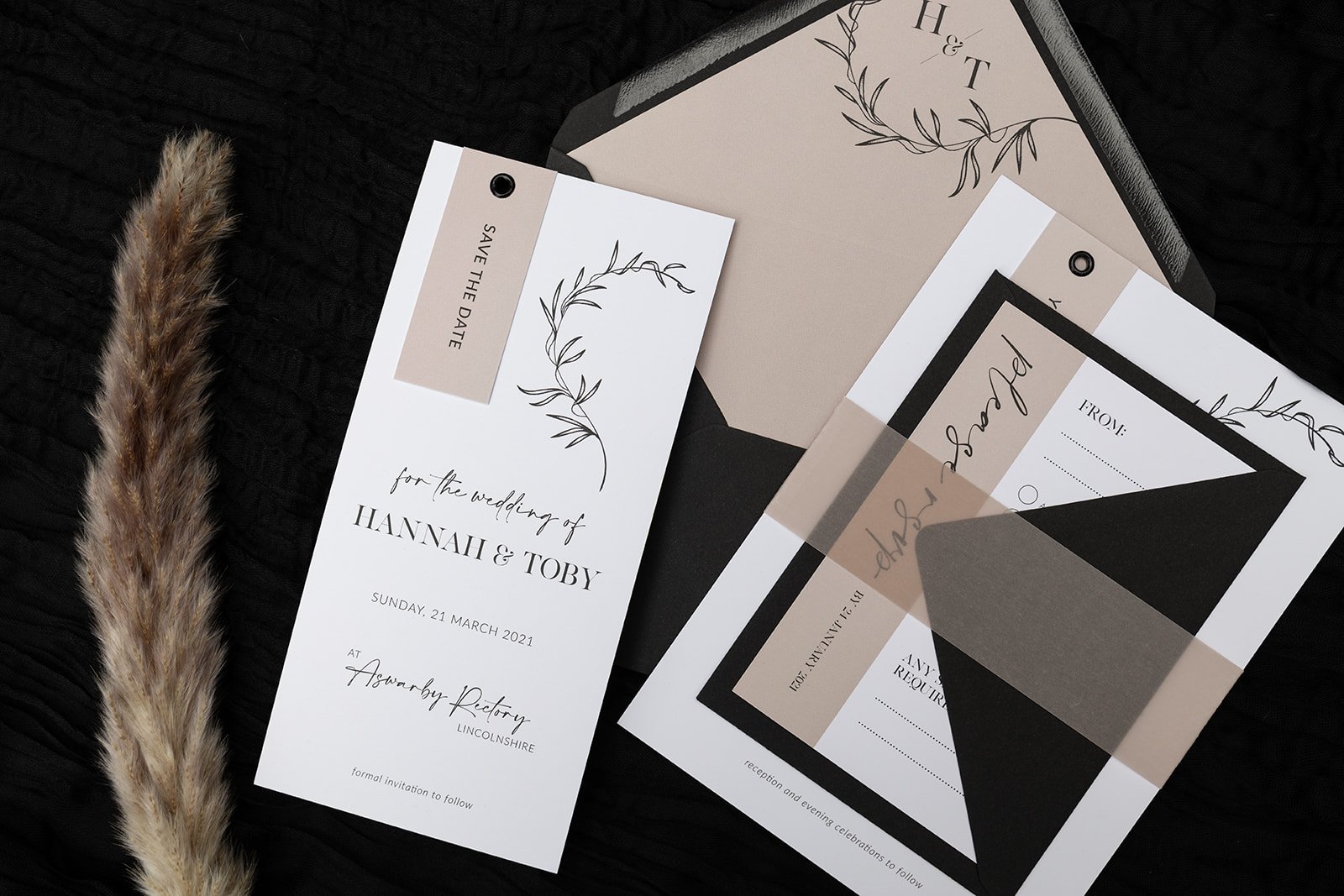 Minimalist Luxe collection in 'Almond' with black-printed tags.