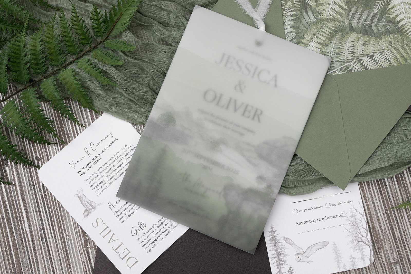 Majestic Peak collection, with day invite in landscape vellum pocket in 'Green Hills'. Shown with 'Woodland Fern' envelope.