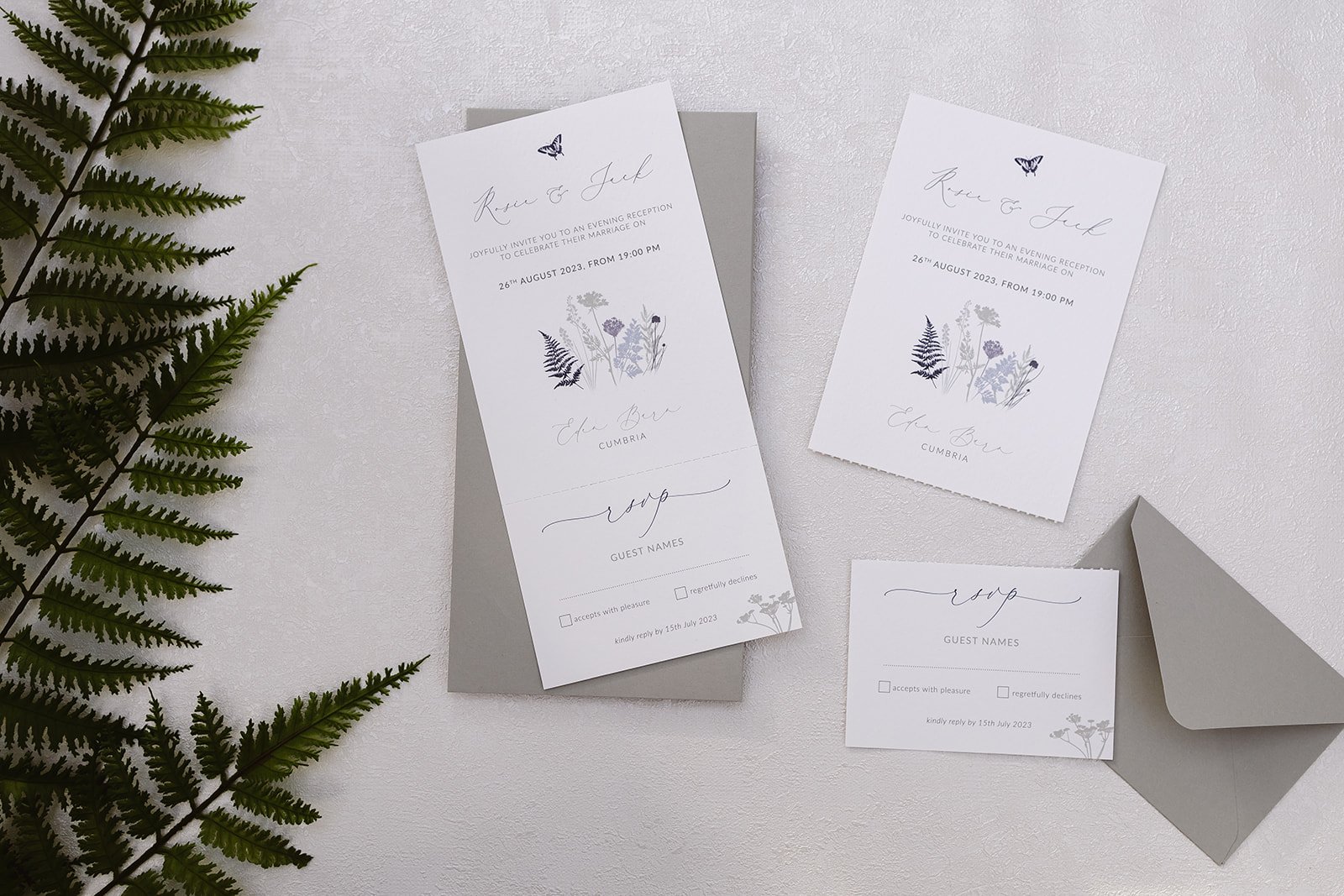 Evening invite with perforated tear-off RSVP and Fern envelope
