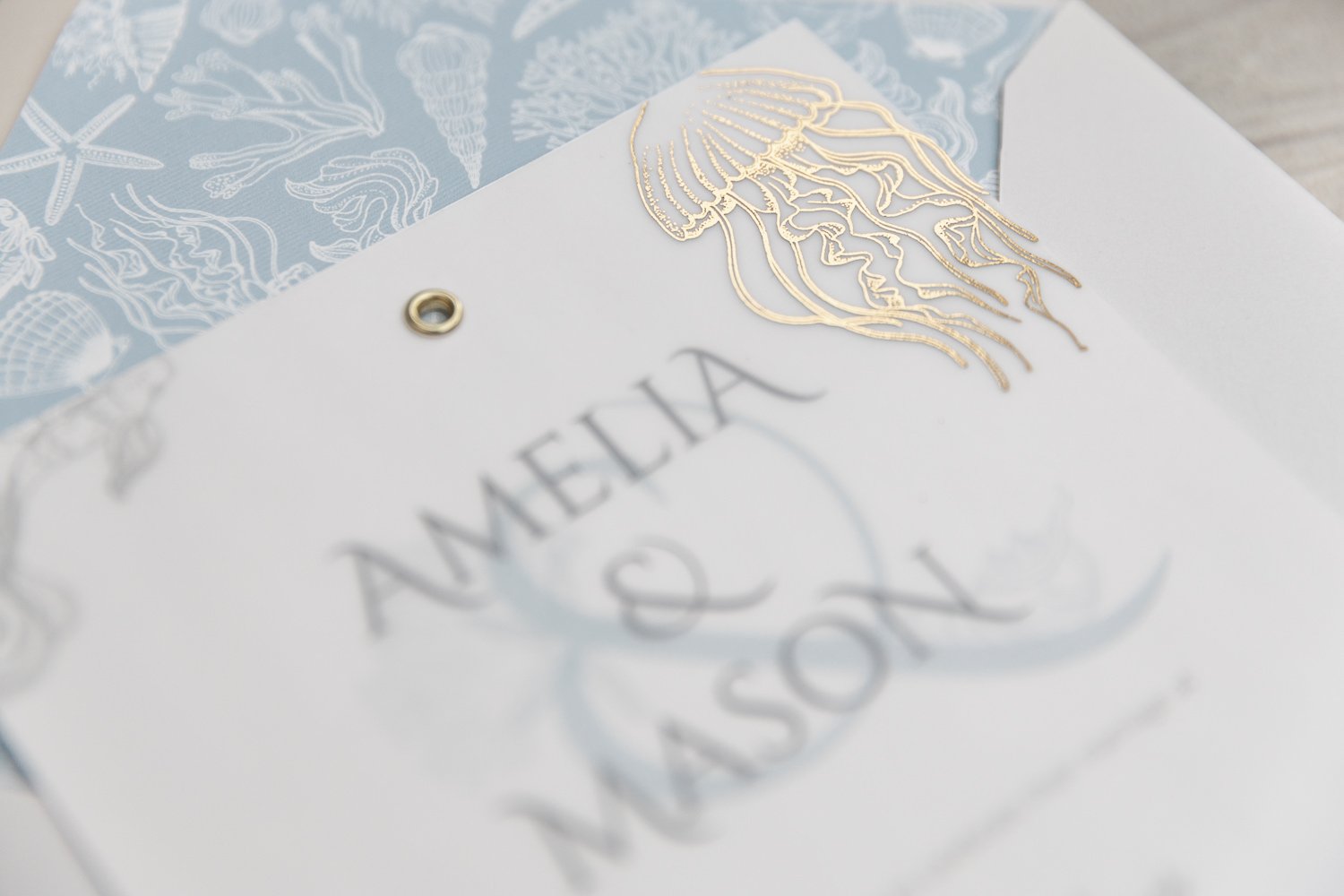 Gold foiled sea illustrations vellum overlay, Day invite
