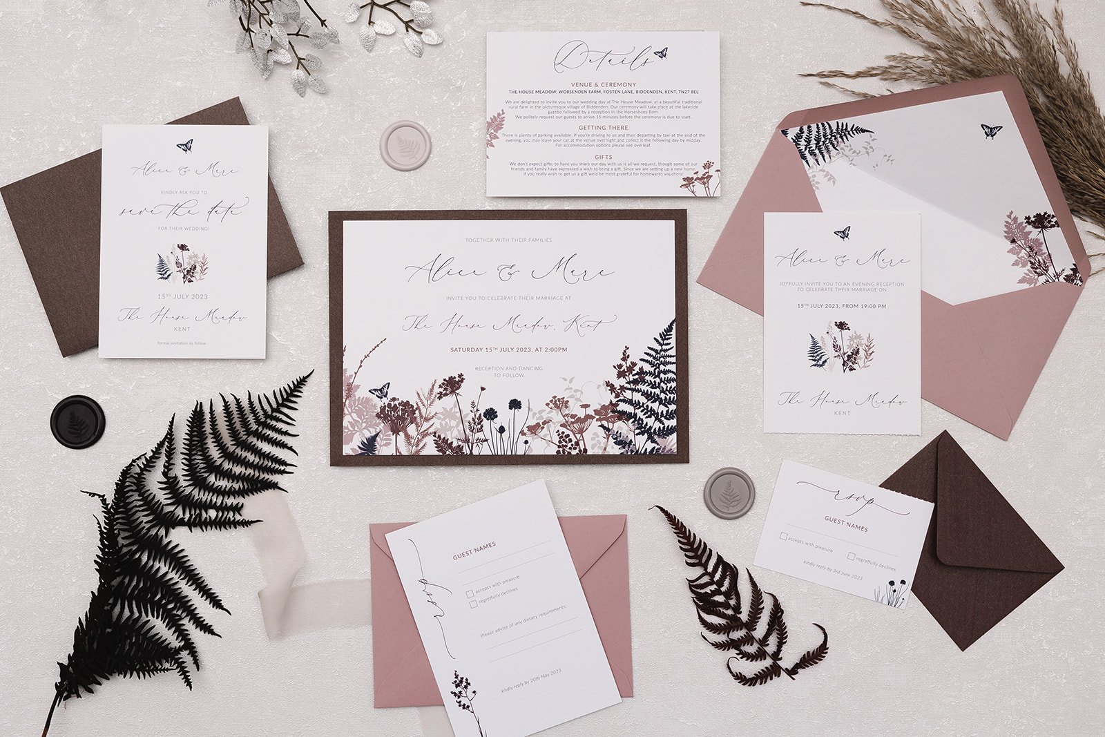 Rustica Meadow collection with mix-and-max envelopes in 'Wild Rust' and 'Pink Mallow'