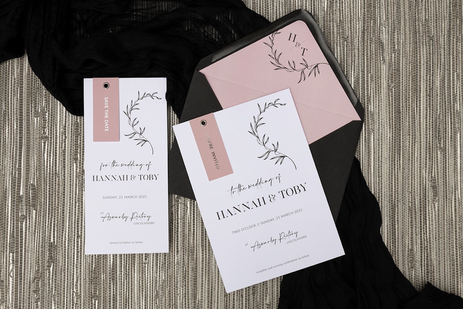 Minimalist Luxe collection in 'Pale Rose', with silver-foiled tags, and Rich Black envelope.