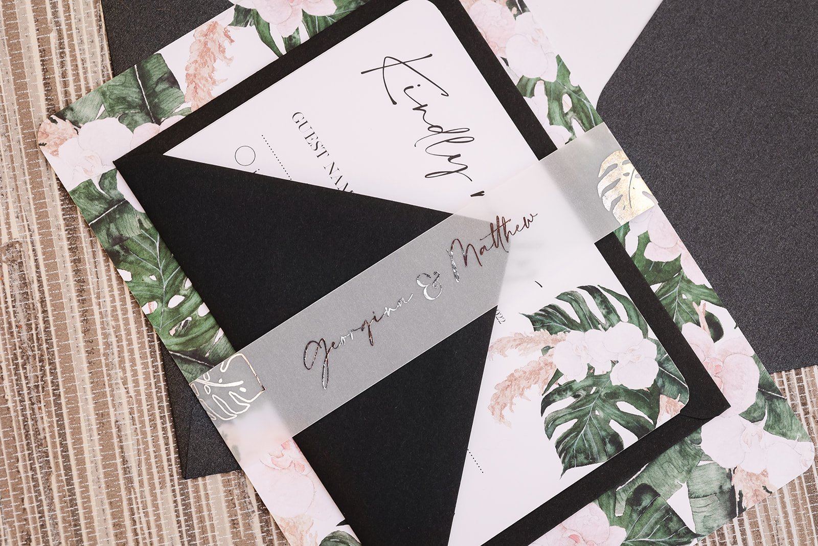 Day invite set with Black Luxe and Rich Black envelopes and silver foiled personalised belly band
