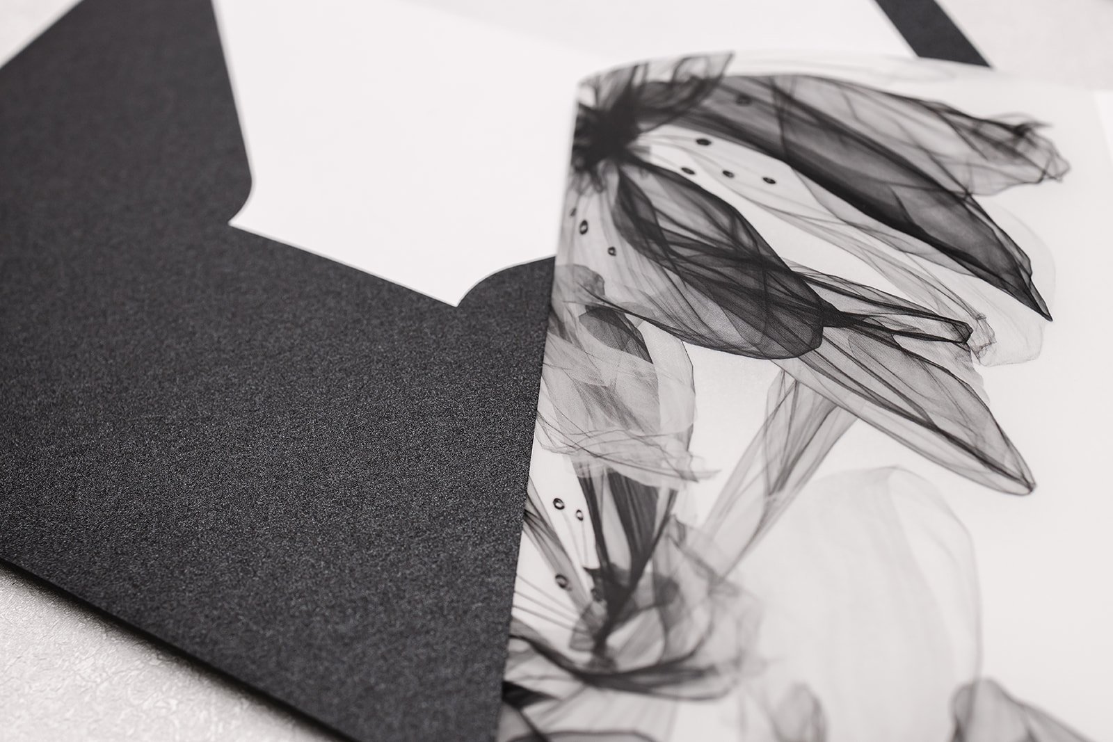 Close-up of Raffinato vellum floral wrap and Black Luxe envelope
