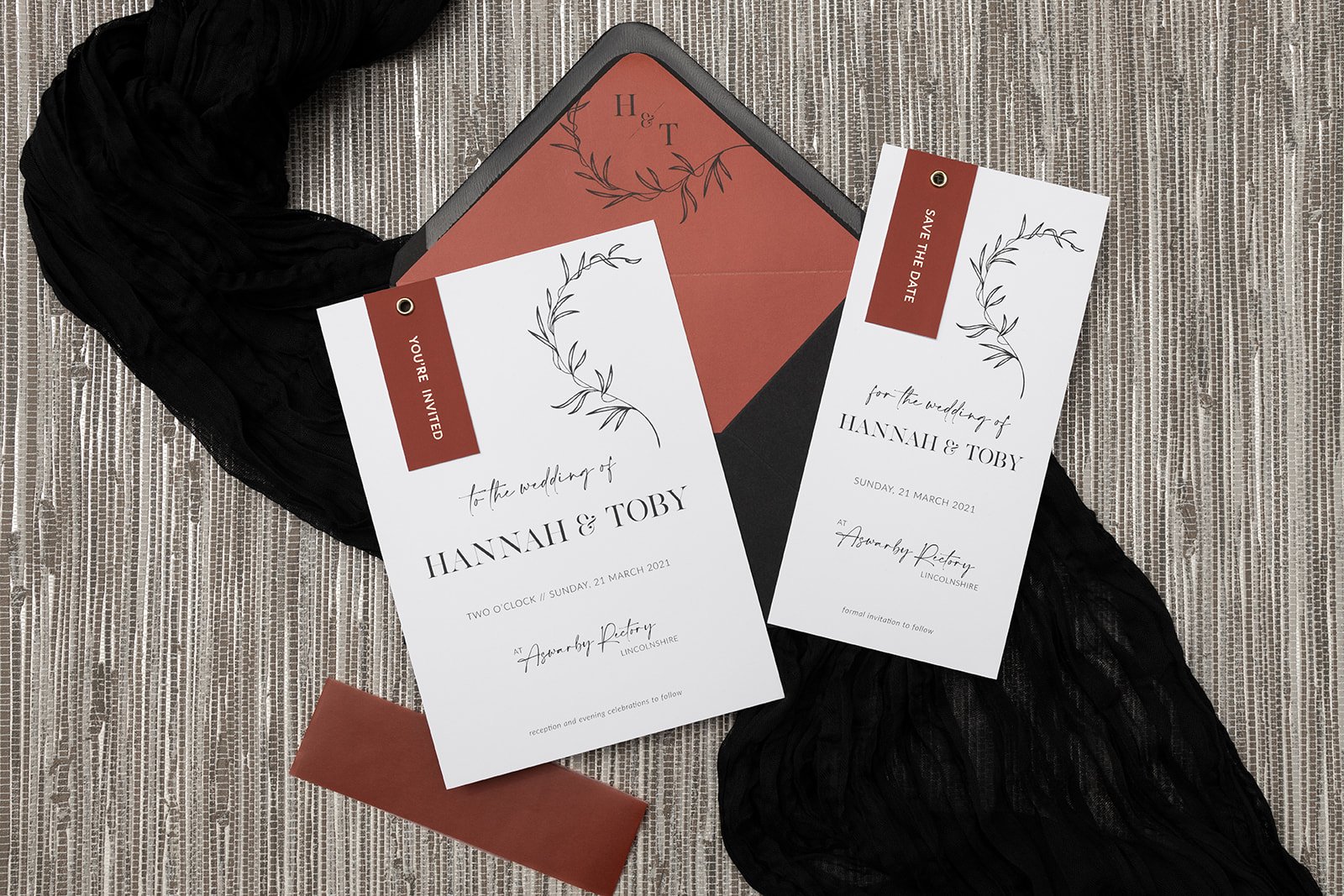 Minimalist Luxe collection in 'Cinnamon' with gold-foiled tags.