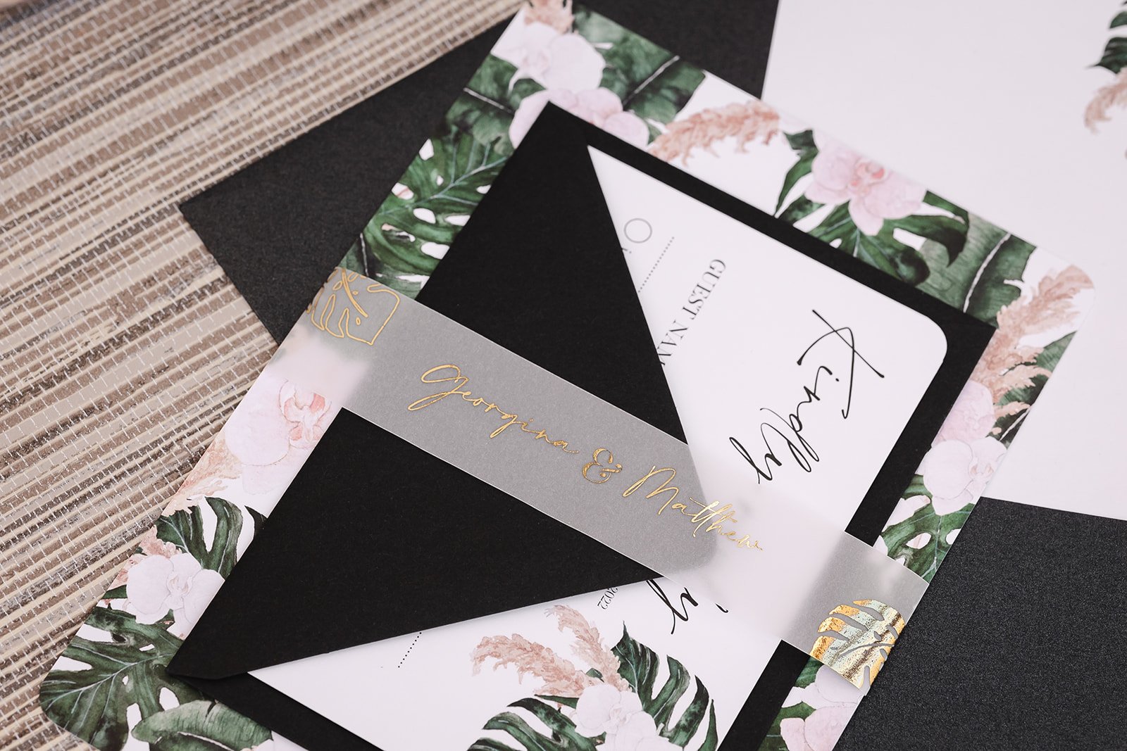 Day invite set with Black Luxe envelope and gold foiled, personalised belly band