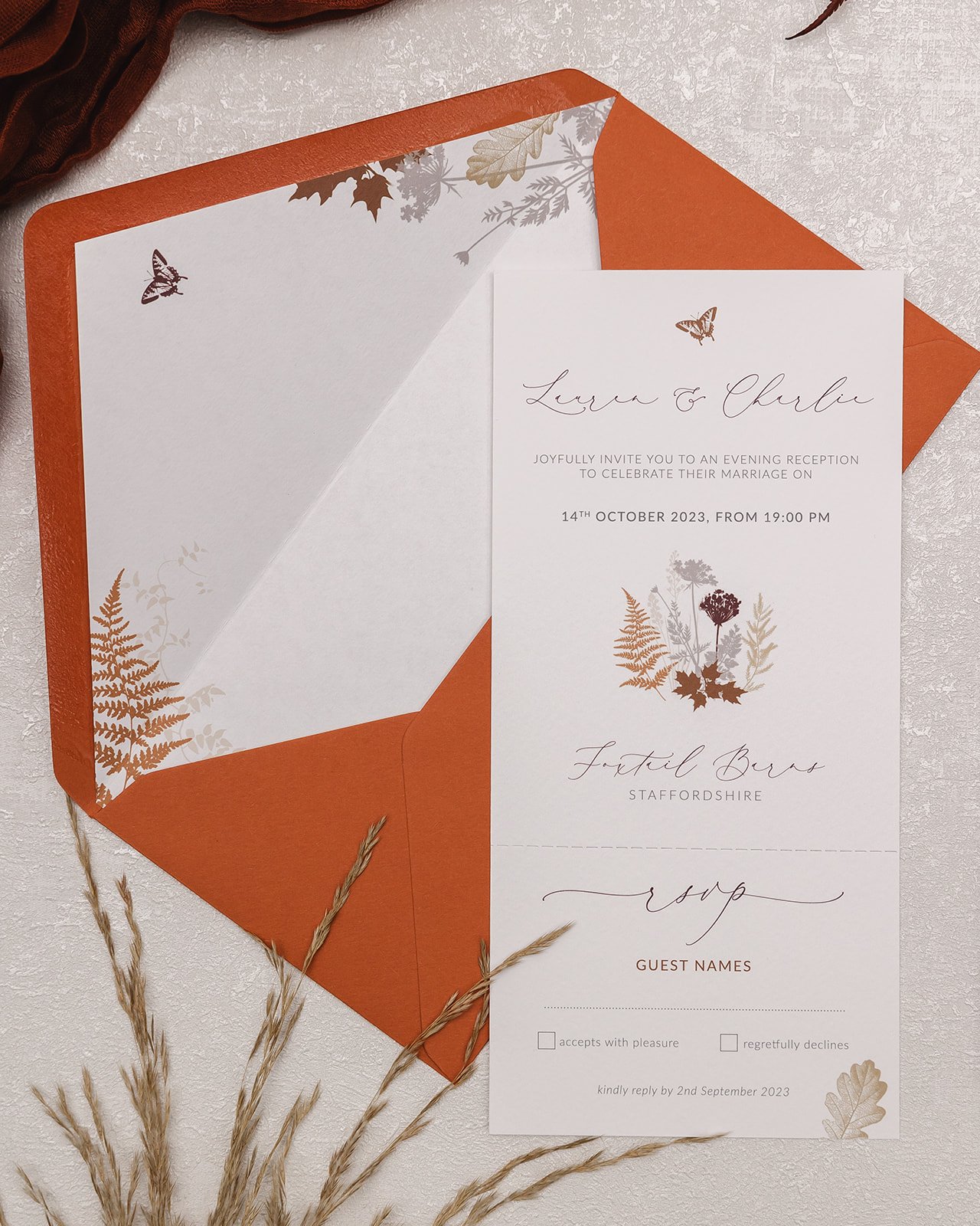 Evening invite with perforated tear-off RSVP and lined 'Burnt Orange' envelope