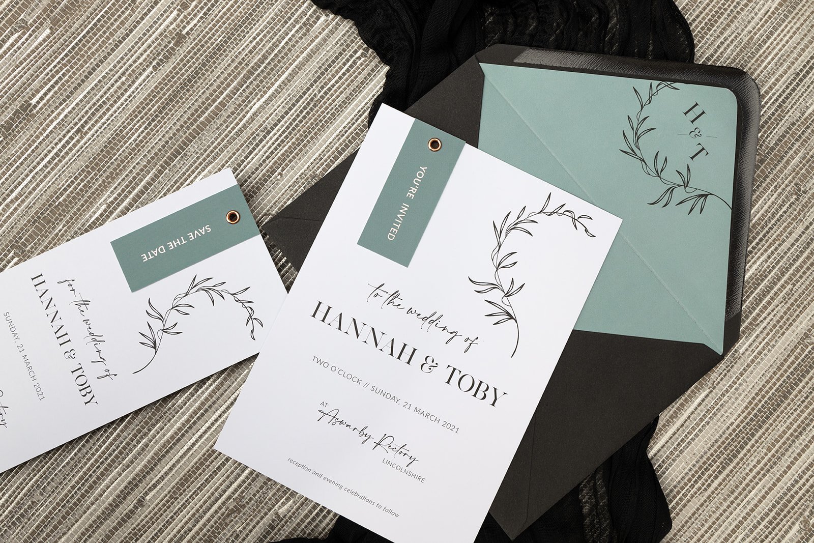 Minimalist Luxe collection in 'Duck Egg', with rose-gold-foiled tags, and Rich Black envelope.