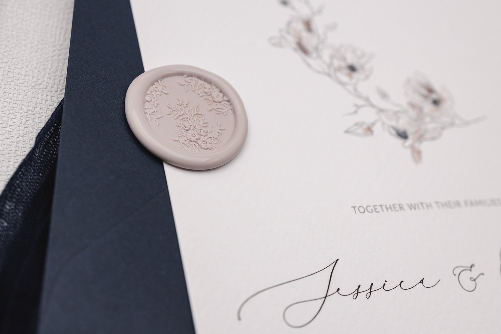 Bouquet design wax seal in 'Linen' with day invite and Classic Navy envelope
