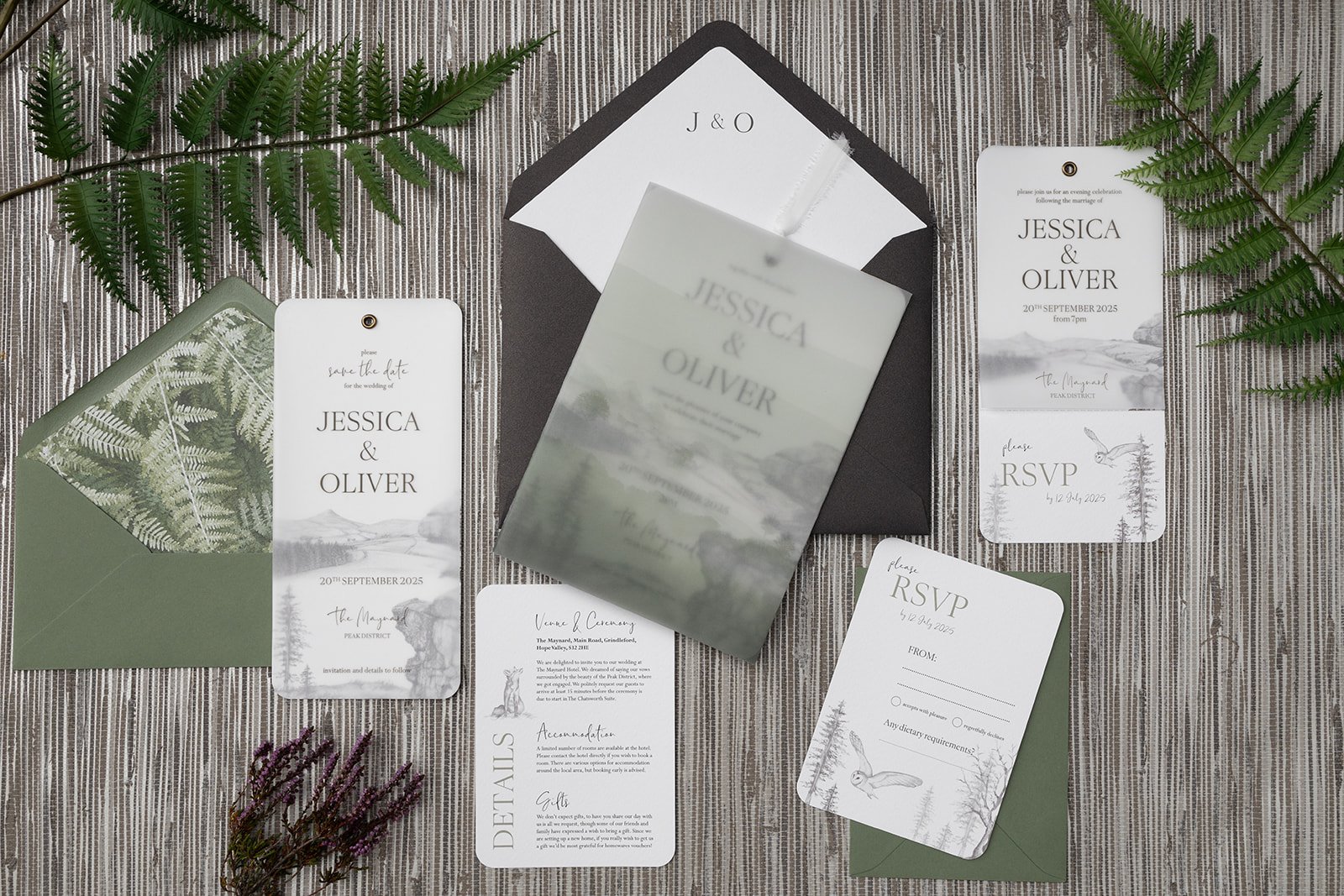 Majestic Peak (Peak District) wedding stationery collection, with mix-and-match envelopes and day invite in landscape vellum pocket in 'Green Hills'.