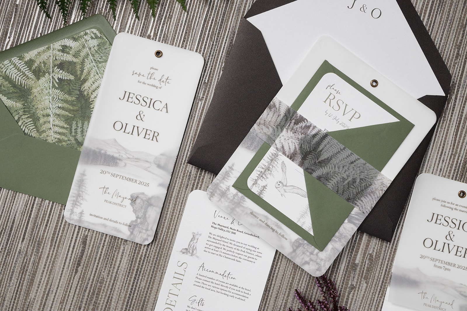 Majestic Peak collection with mix-and-match envelopes, and monogrammed initials liner, with day invite and RSVP bound with bronze ferns vellum belly band.