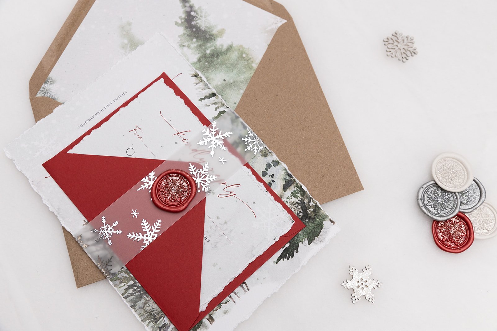 Day invite and RSVP with lined 'Rustic Kraft' envelope and 'Berry Red' RSVP envelope, with silver-foiled vellum belly band and glittered wax seal in 'Berry'