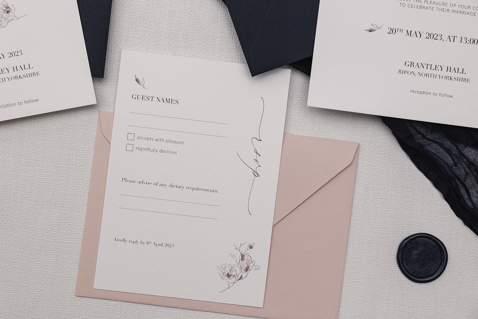RSVP card for day invite with Blush RSVP envelope