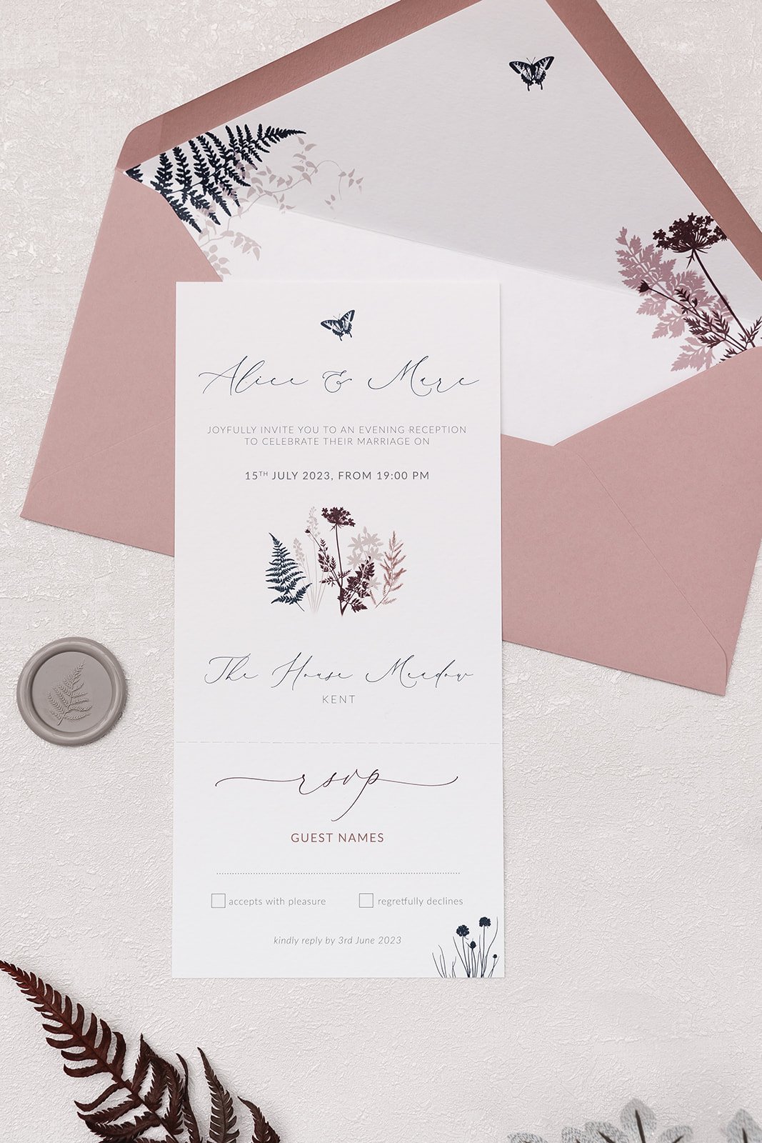 Evening invite with perforated tear-off RSVP and lined 'Pink Mallow' envelope