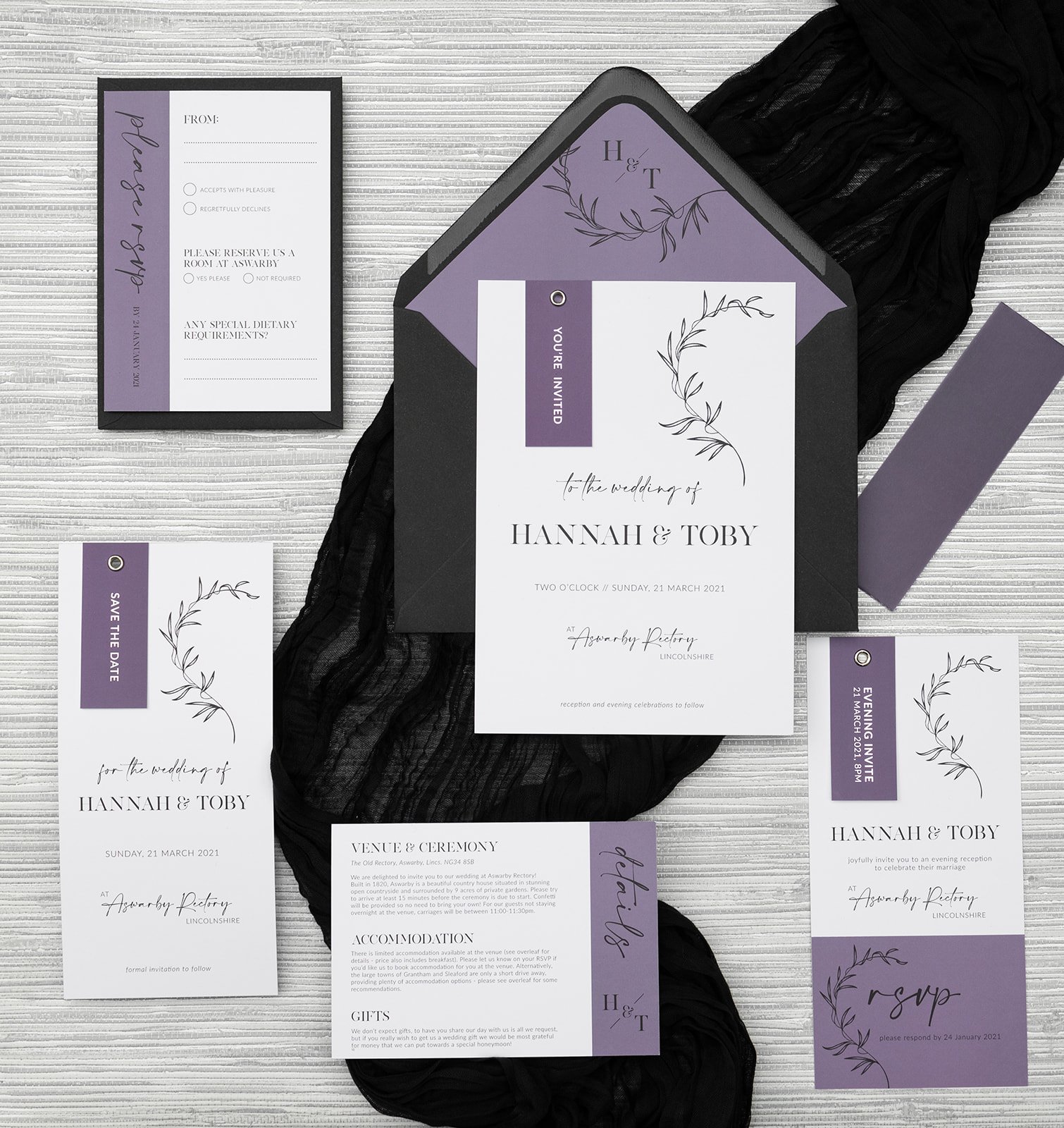 Minimalist Luxe botanical wedding stationery collection in 'Heather', with silver-foiled tags.