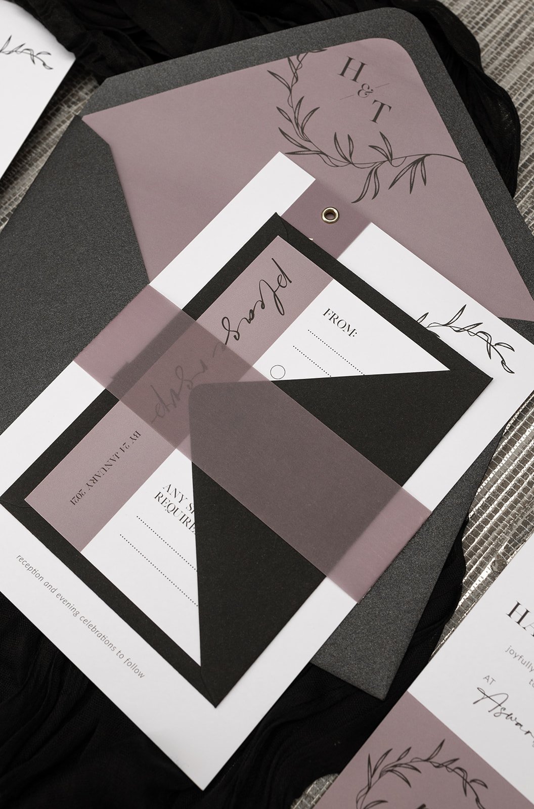 Minimalist Luxe collection in 'Mauve', with silver-foiled tags, and Black Luxe pearlescent envelope.