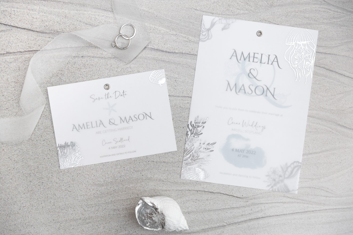 Day invite and Save the Date with silver-foiled sea illustrations overlay