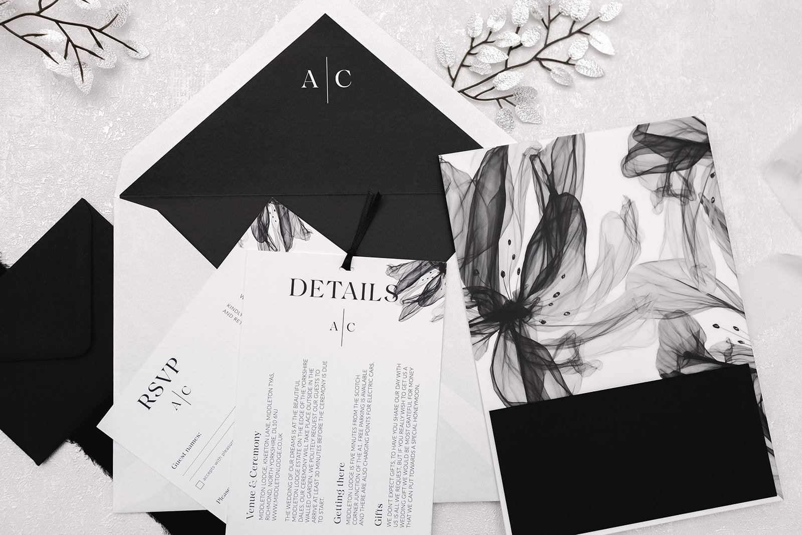 Showing reverse of day invite with details and RSVP cards