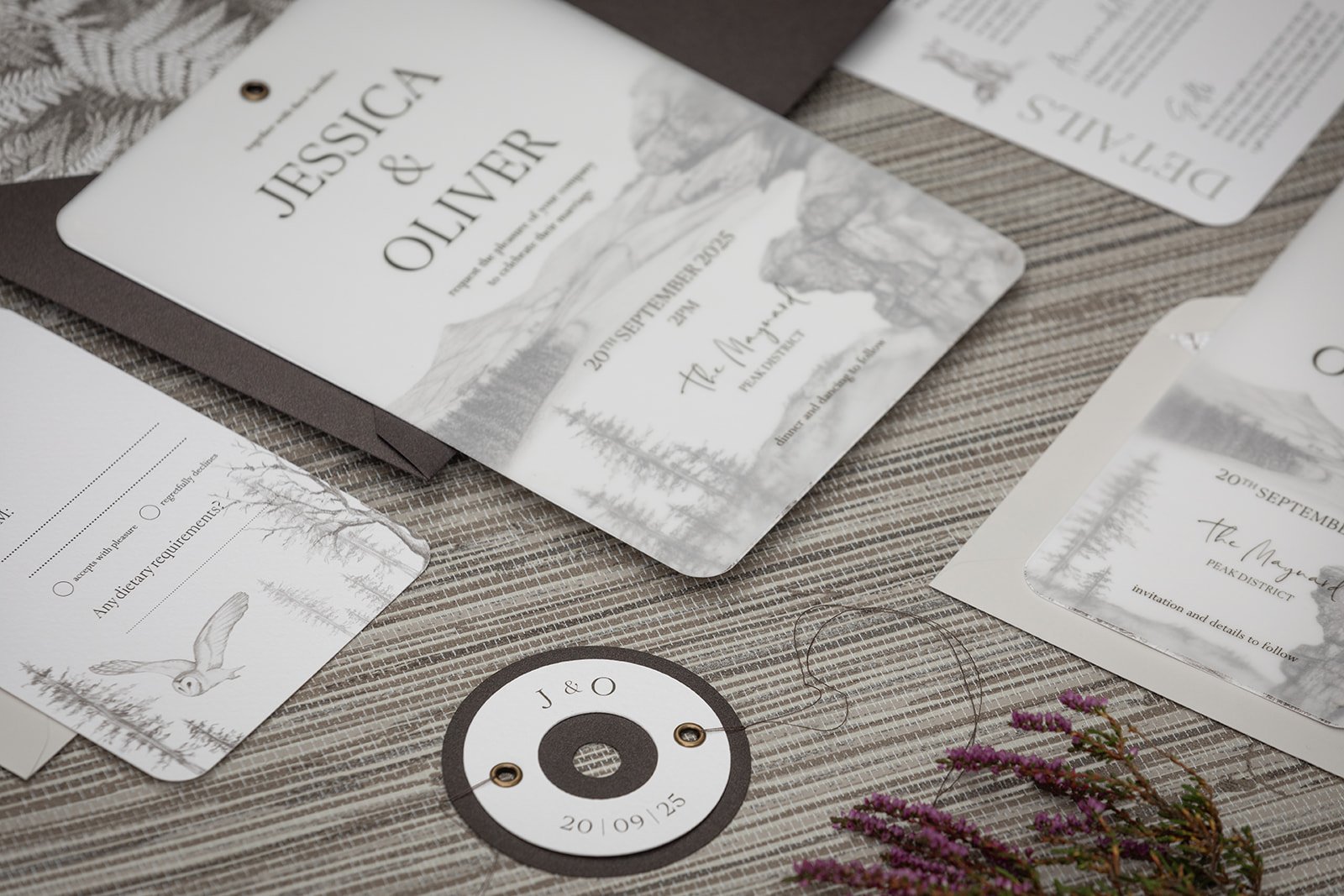 Majestic Peak invitation with personalised 'Millstone Tie'.
