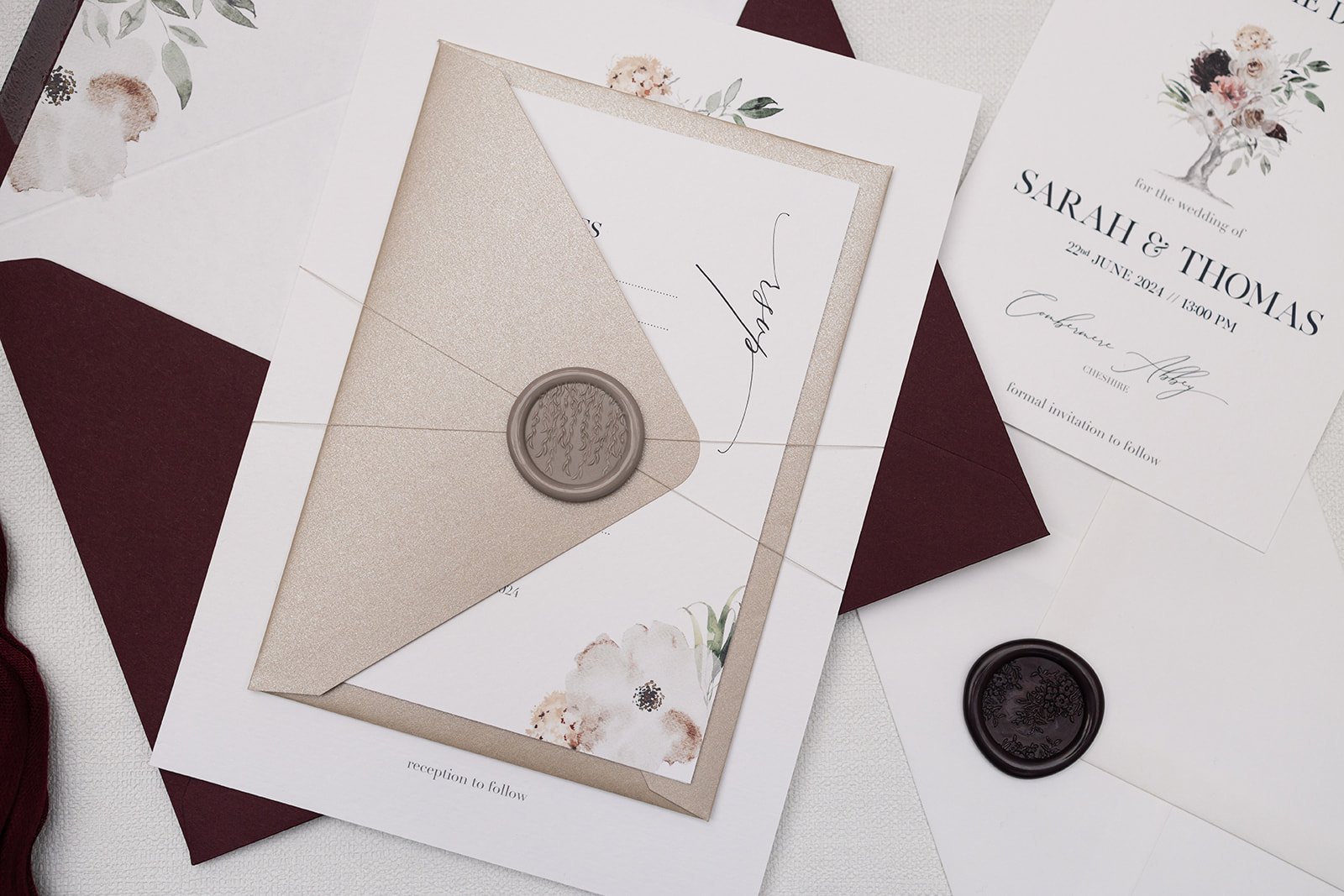 Day invite with RSVP and Willow design wax seal in 'Clay'