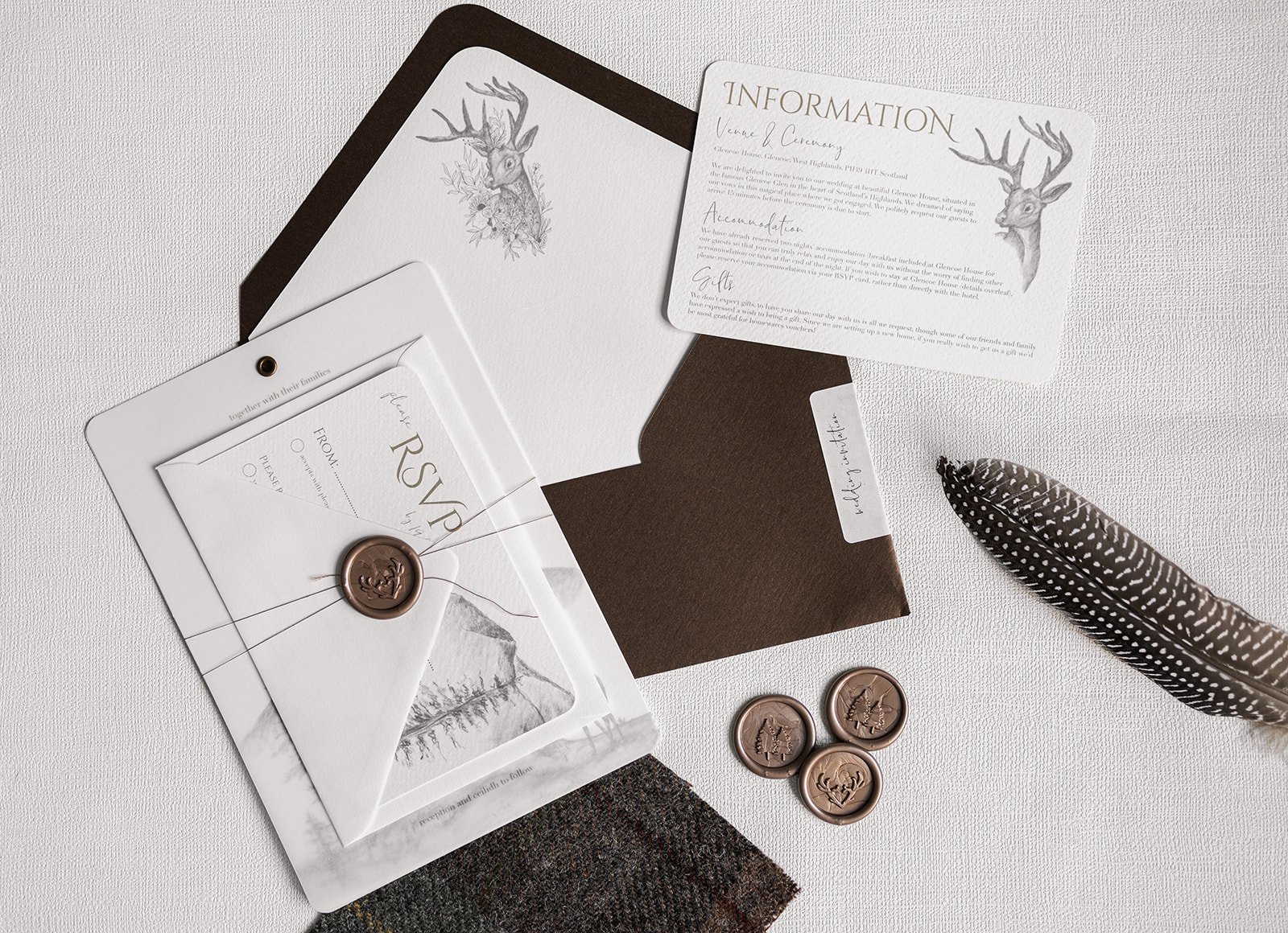 Highland Romance collection with lined 'Highland Bronze Shimmer' envelope and Day invite with 'Fine Art' RSVP envelope bound with 'Antler' design wax seal in 'Mountain'